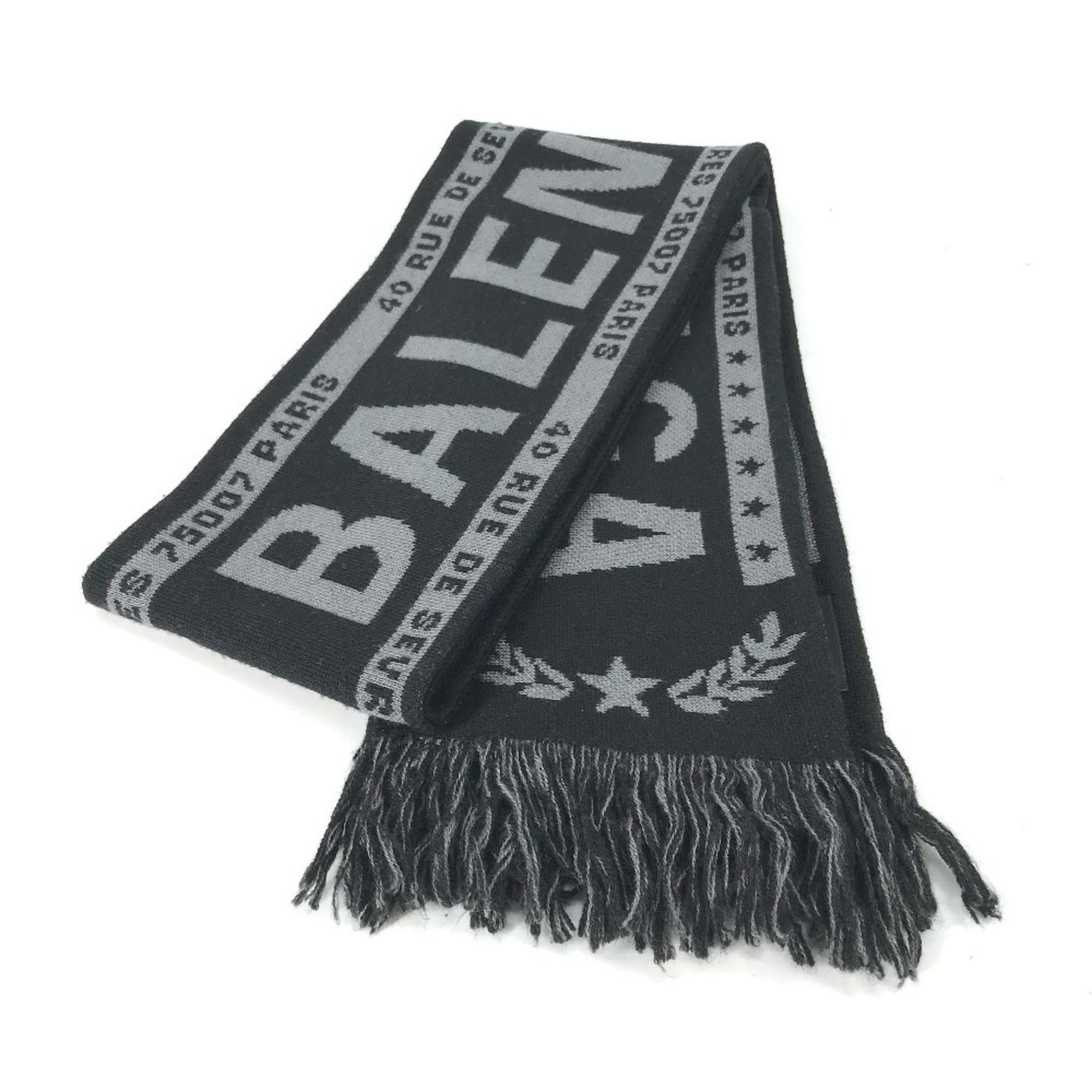 BALENCIAGA Logo Fringe Scarf Wool Acrylic Black