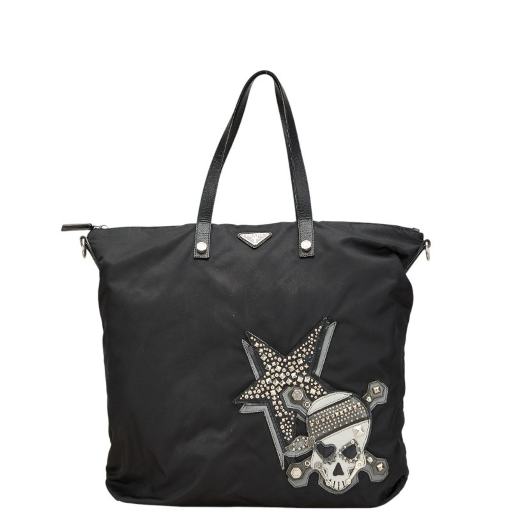 Prada Skull Stud Handbag Tote Bag Nylon Leather