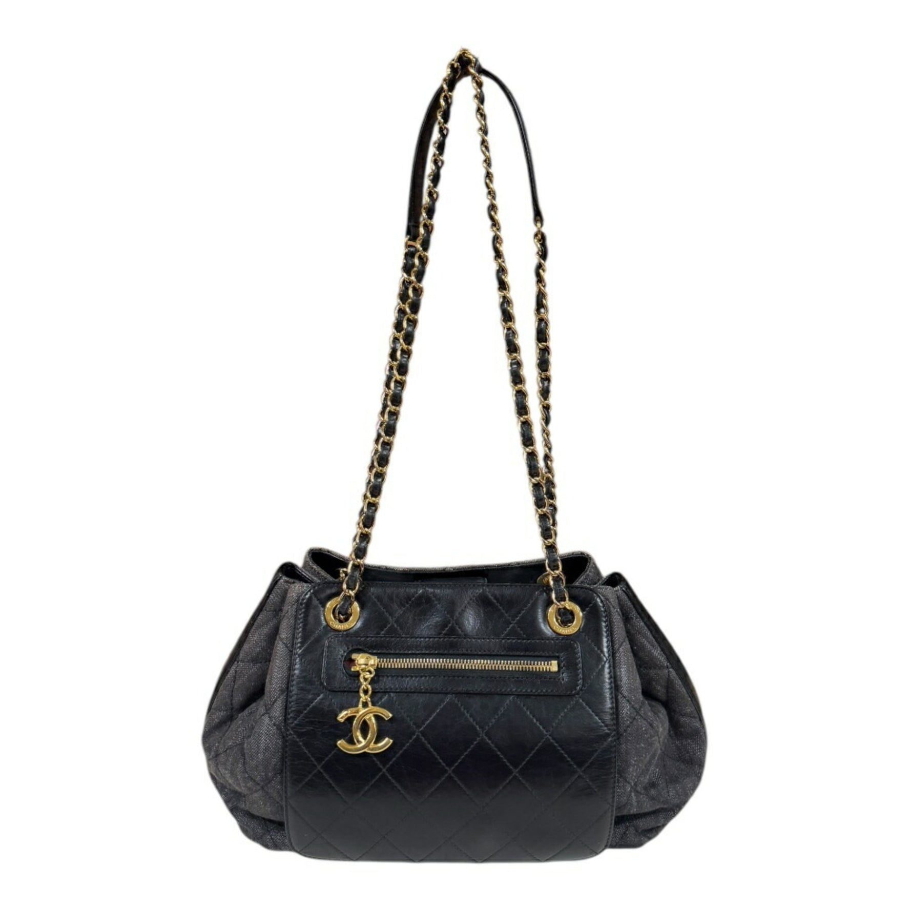 Chanel Shoulder Bag Denim Grey Double Chain