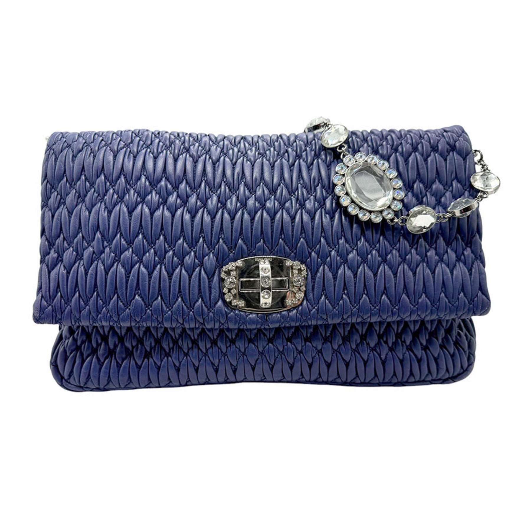 Miu Miu Miu shoulder bag, matelasse, bejeweled, leather, metal, navy blue, silver