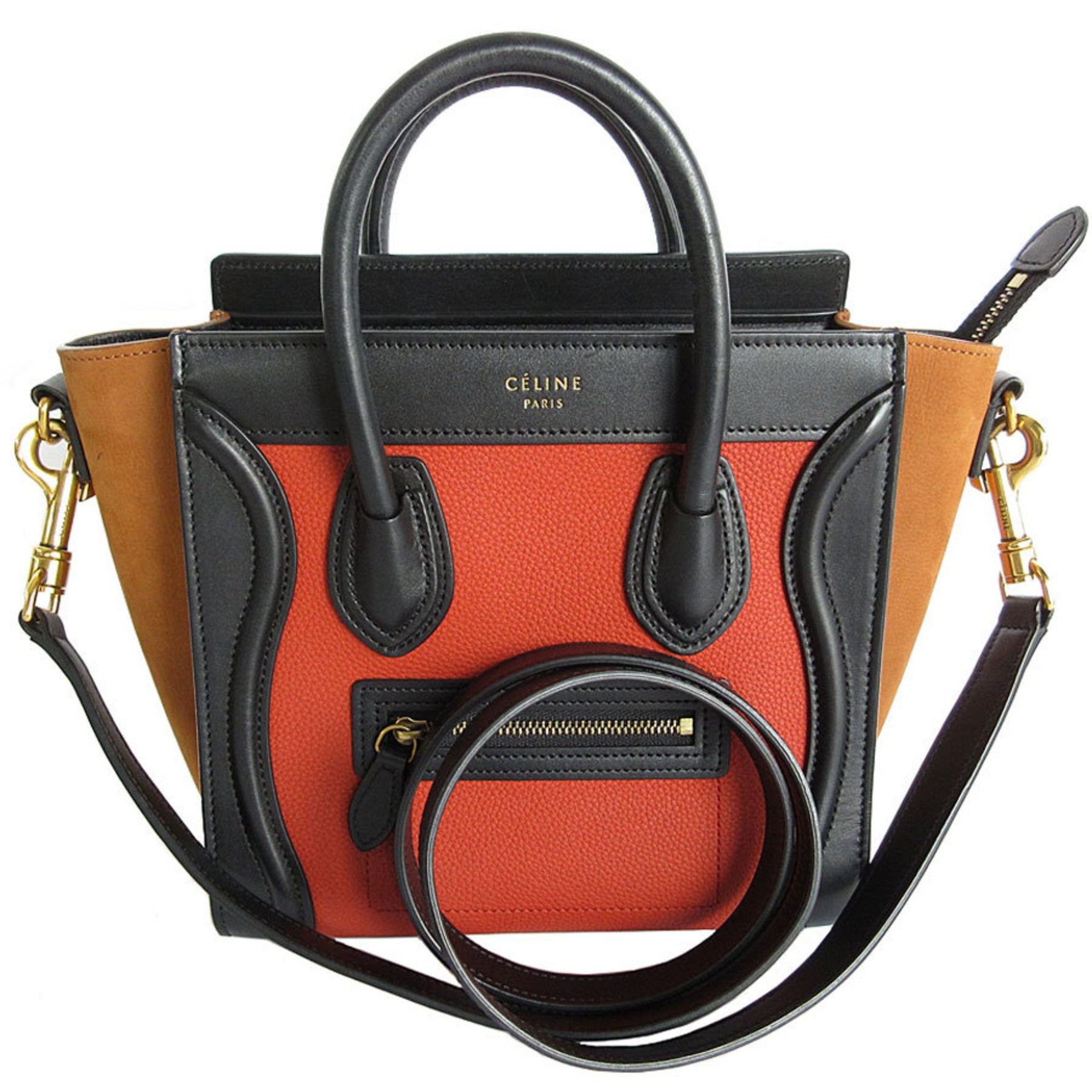 CELINE handbag shoulder bag luggage nano shopper leather brown black gold