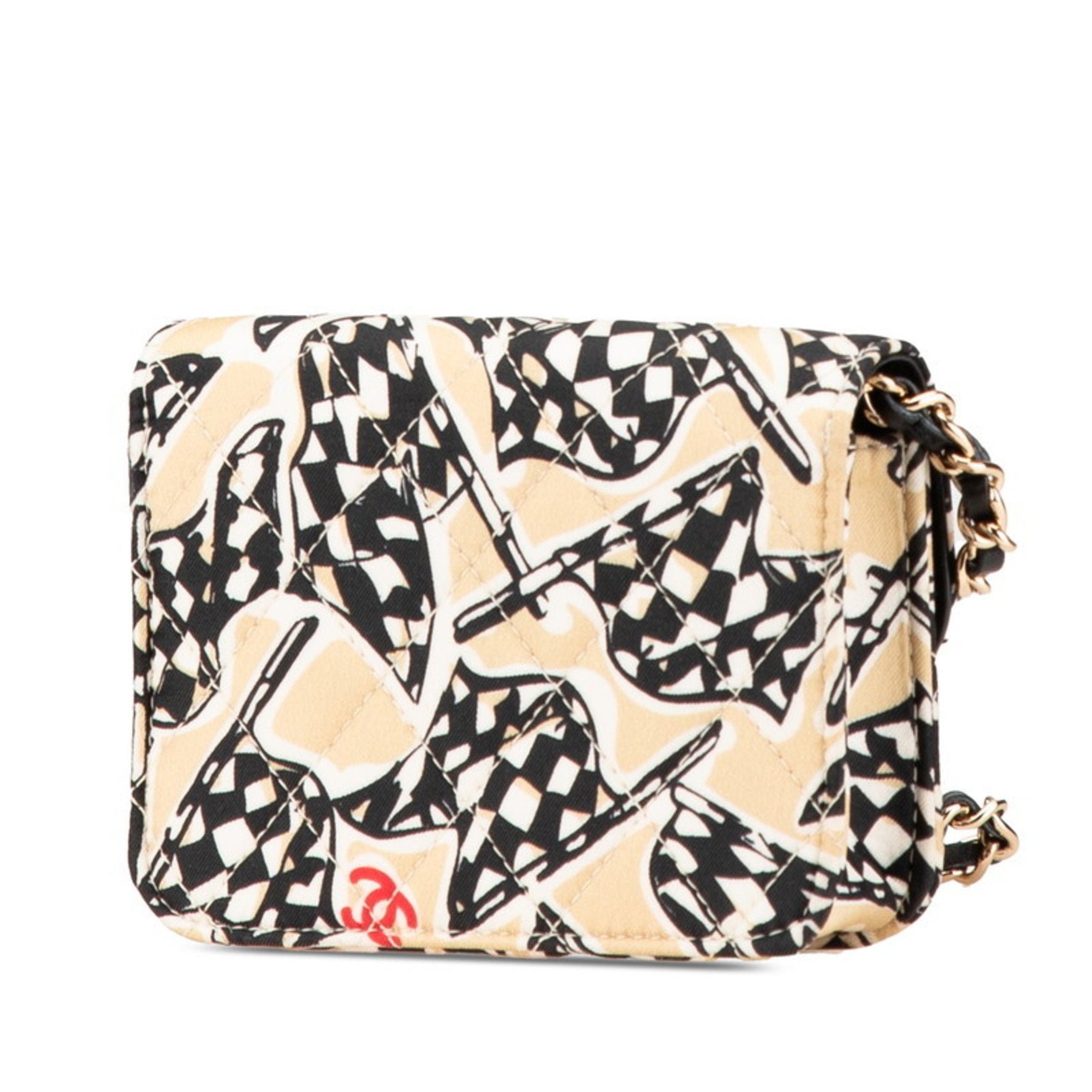 Chanel Matelasse Coco Mark Checkered Flag Motif Mini Chain Shoulder Bag Beige Black Canvas Leather