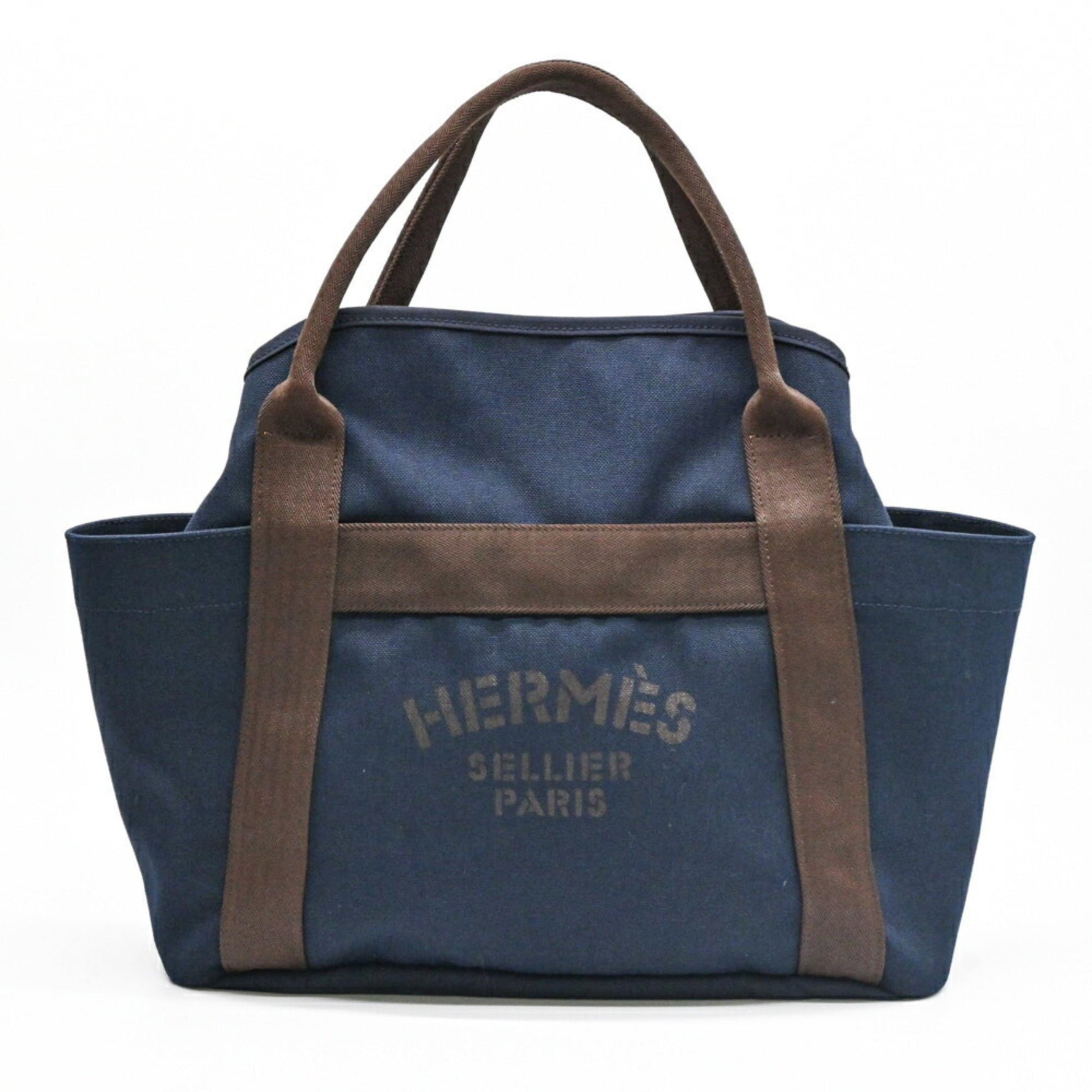HERMES Sac de Pansage Groom Handbag Tote Bag Canvas Navy Orange #A