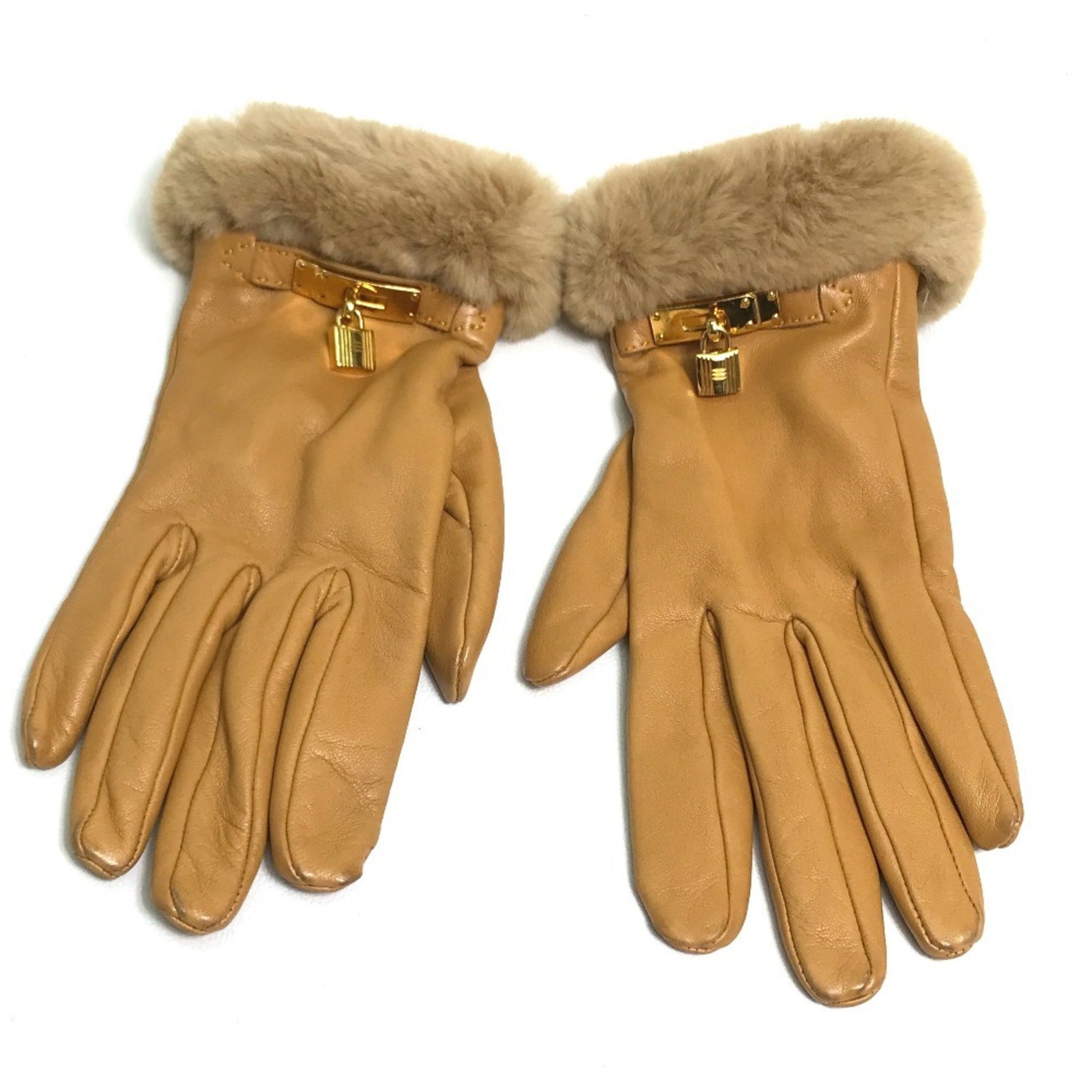 HERMES Cadena Charm Princess Leather Gloves Natural Sable Beige