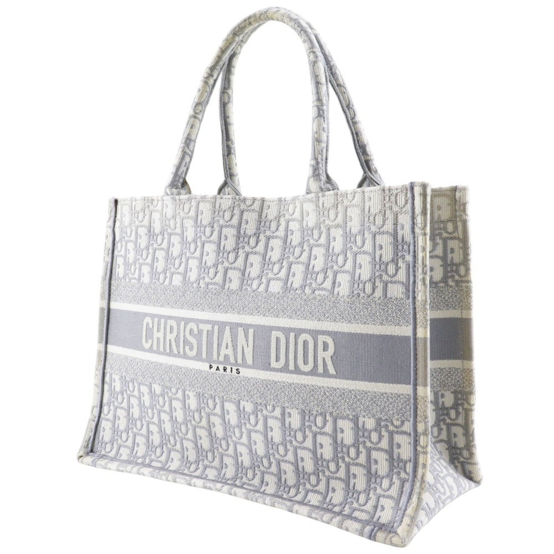 Christian Dior Book Tote Medium Bag, Oblique Embroidery, Cotton, Made in Italy, Light Gray, Size, Open