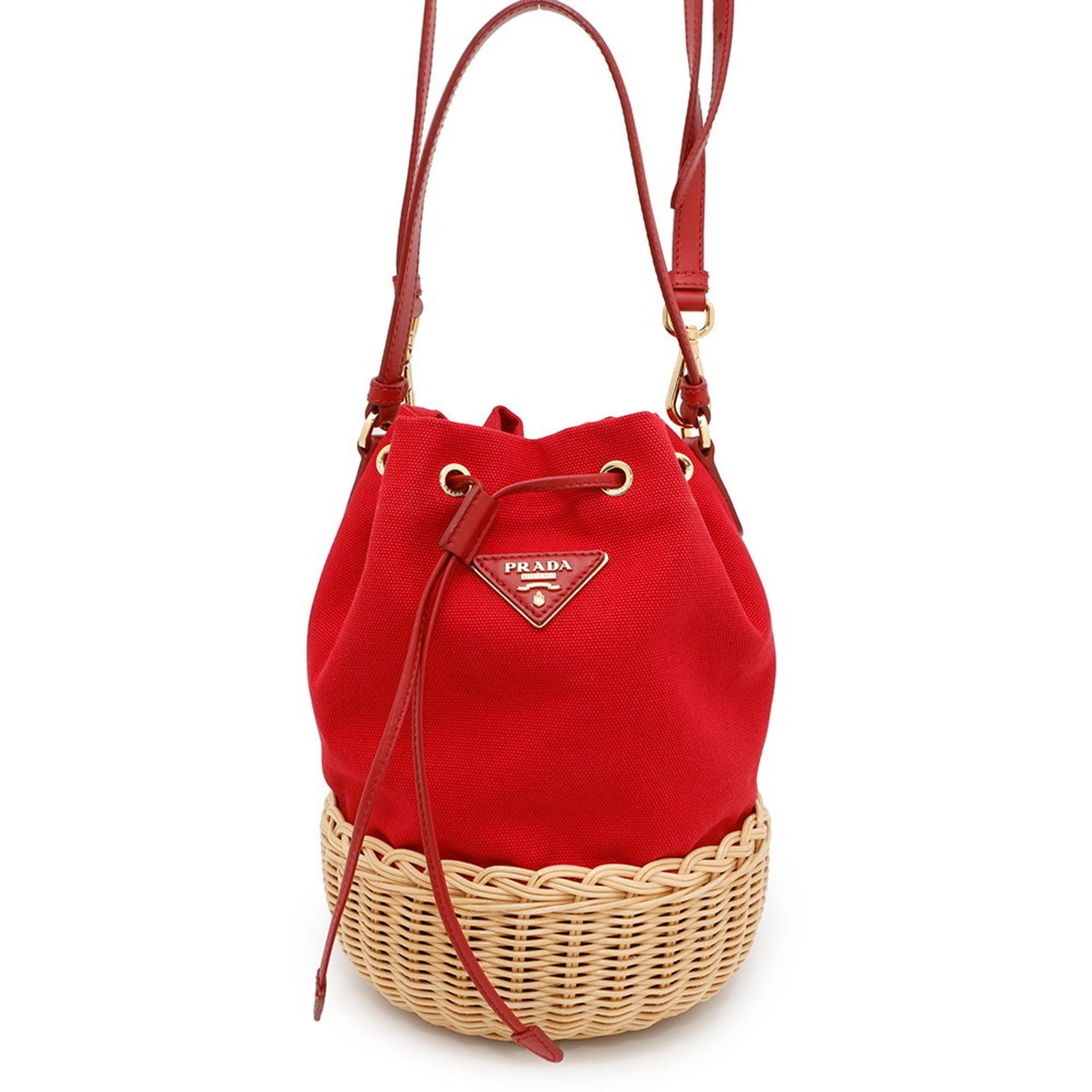 Prada Handbag Drawstring Bucket Bag Canvas Raffia 1BH115 PRADA 2-way