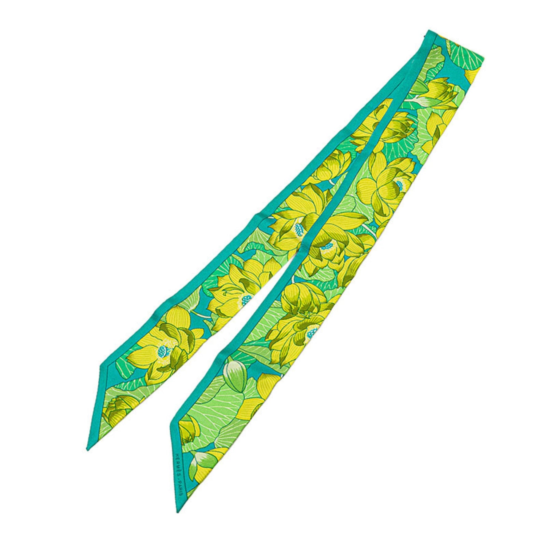 Hermès Twilly FLEURS DE LOTUS Lotus Flower Scarf, Green, Yellow, Multicolor, Silk, HERMES