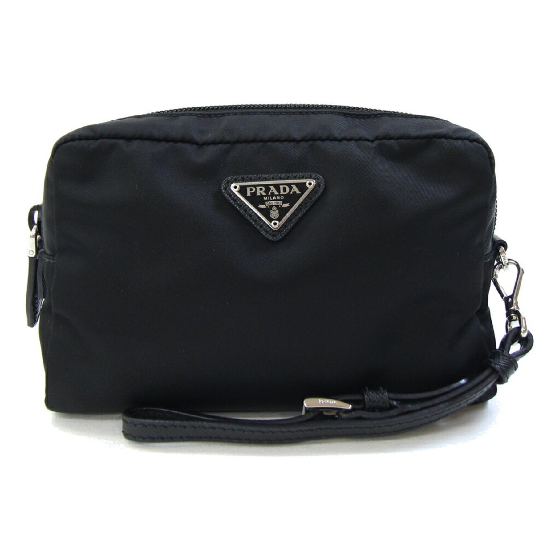 Prada Pouch 1NE021 Black Nylon and Leather Clutch Bag with Strap for Women