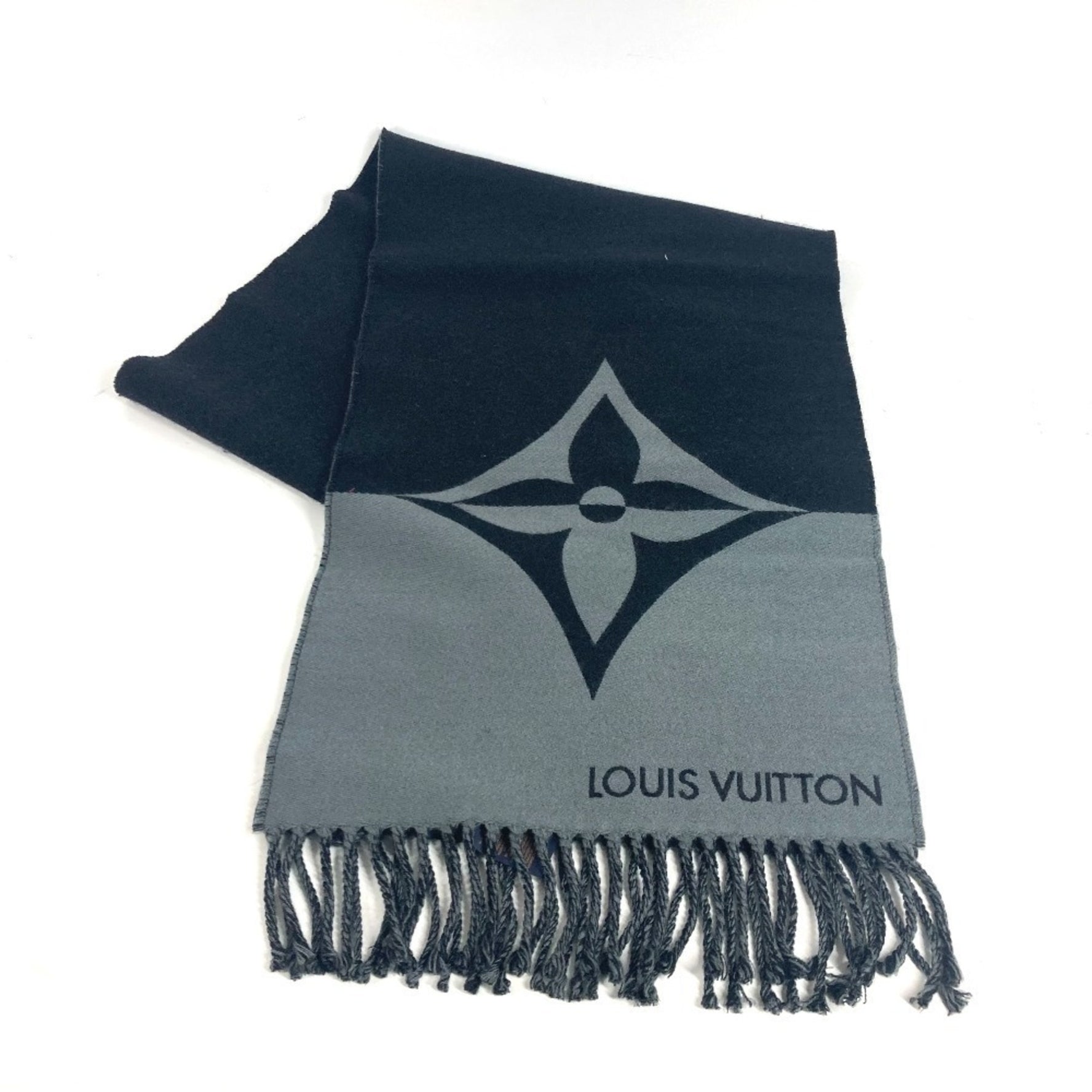 Louis Vuitton LV Logo Scarf Graphic Dual Fringe Bicolor Wool Cashmere Men Women Noir Black