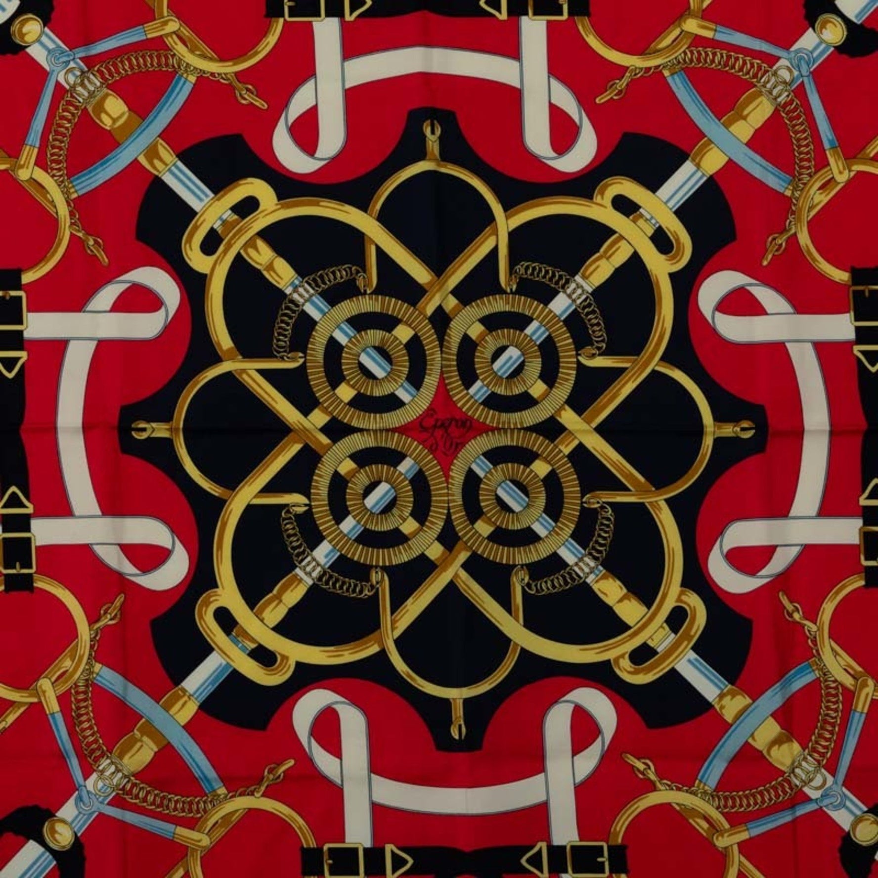 Hermes Carré 90 Eperon d'Or Golden Spur Scarf Muffler Navy Multicolor Silk