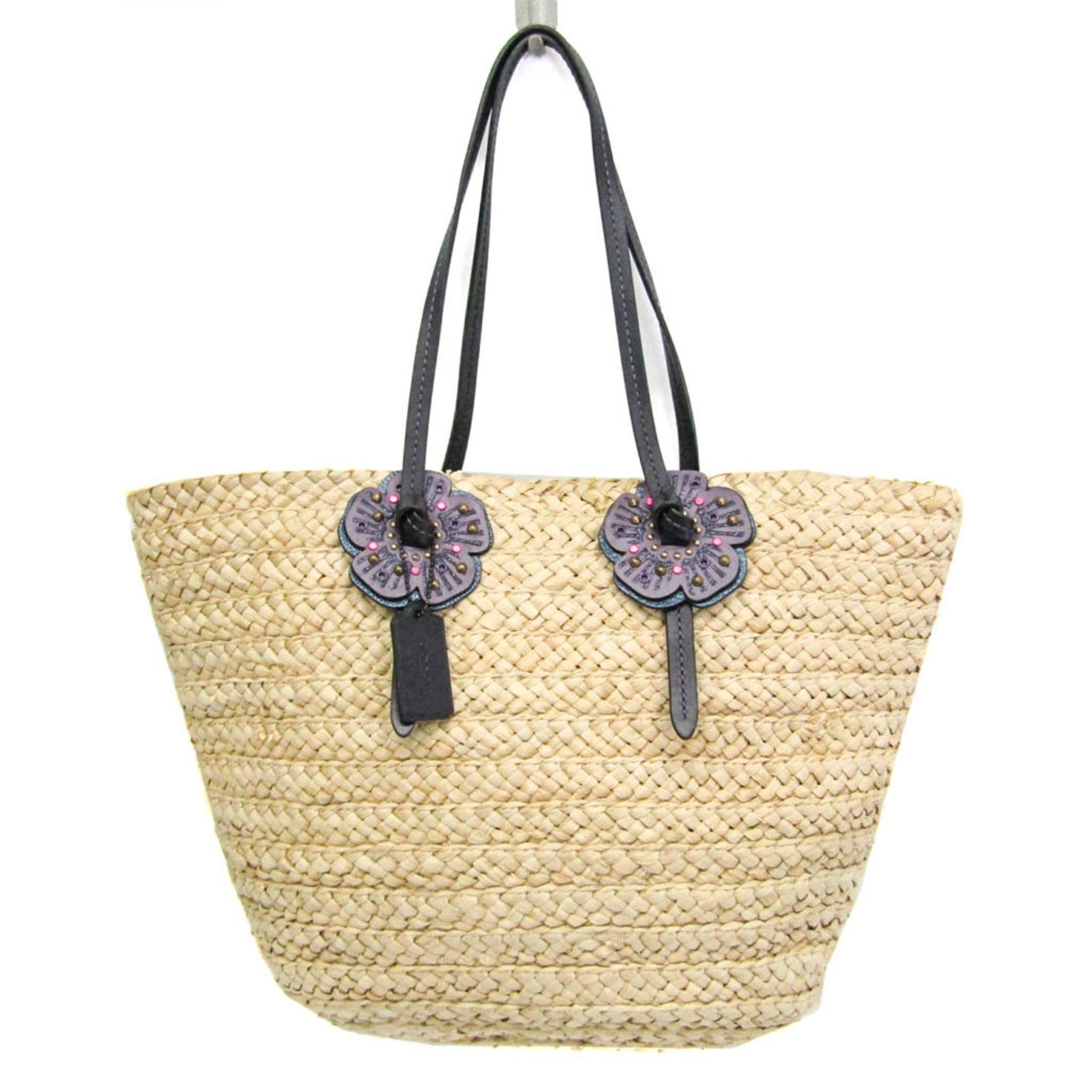 Coach With Tea Rose Woven Leather,Straw Tote Bag Beige,Purple