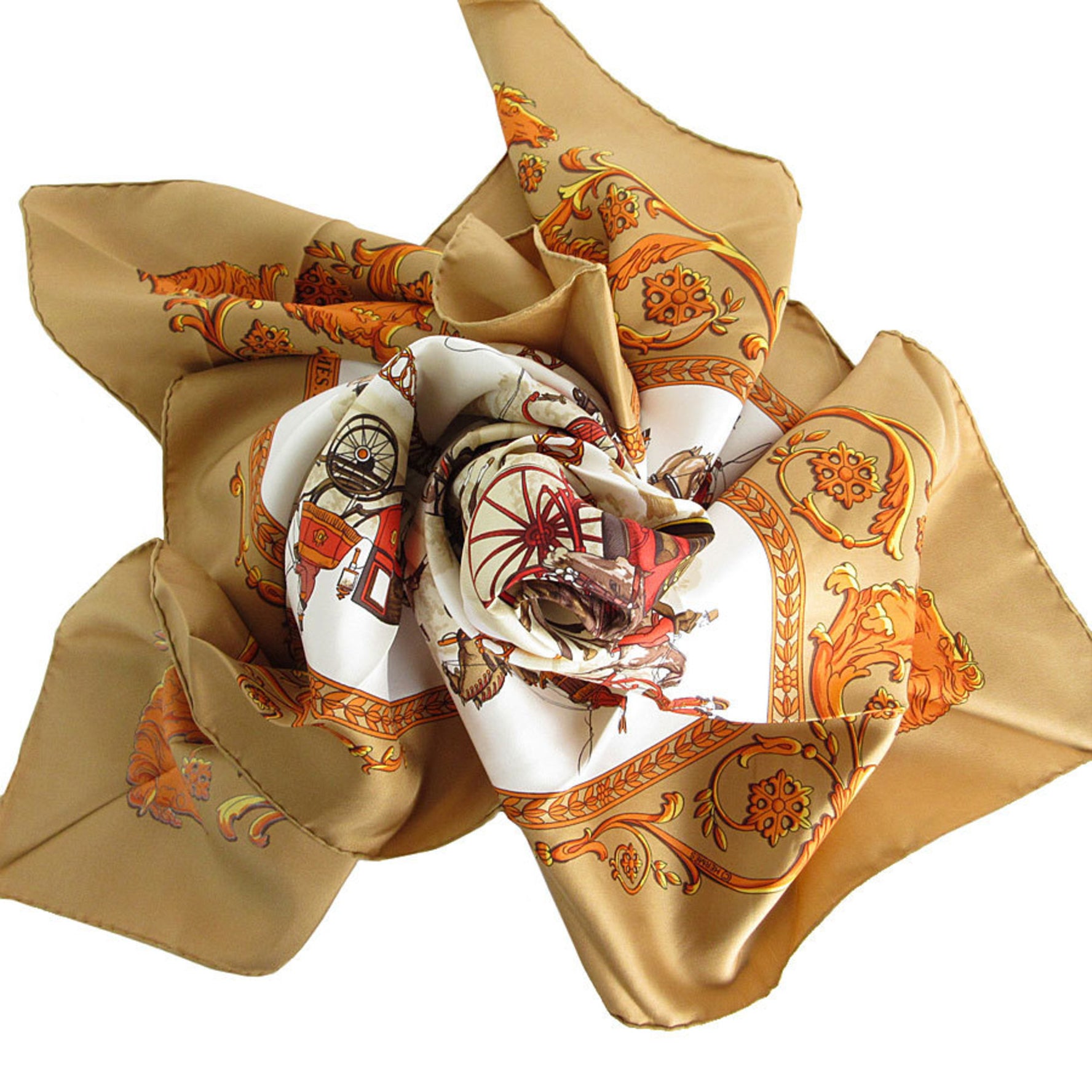 Hermes Scarf/Muffler Carre 90 LA PROMENADE DE LONGCHAMPS Silk Brown Multicolor