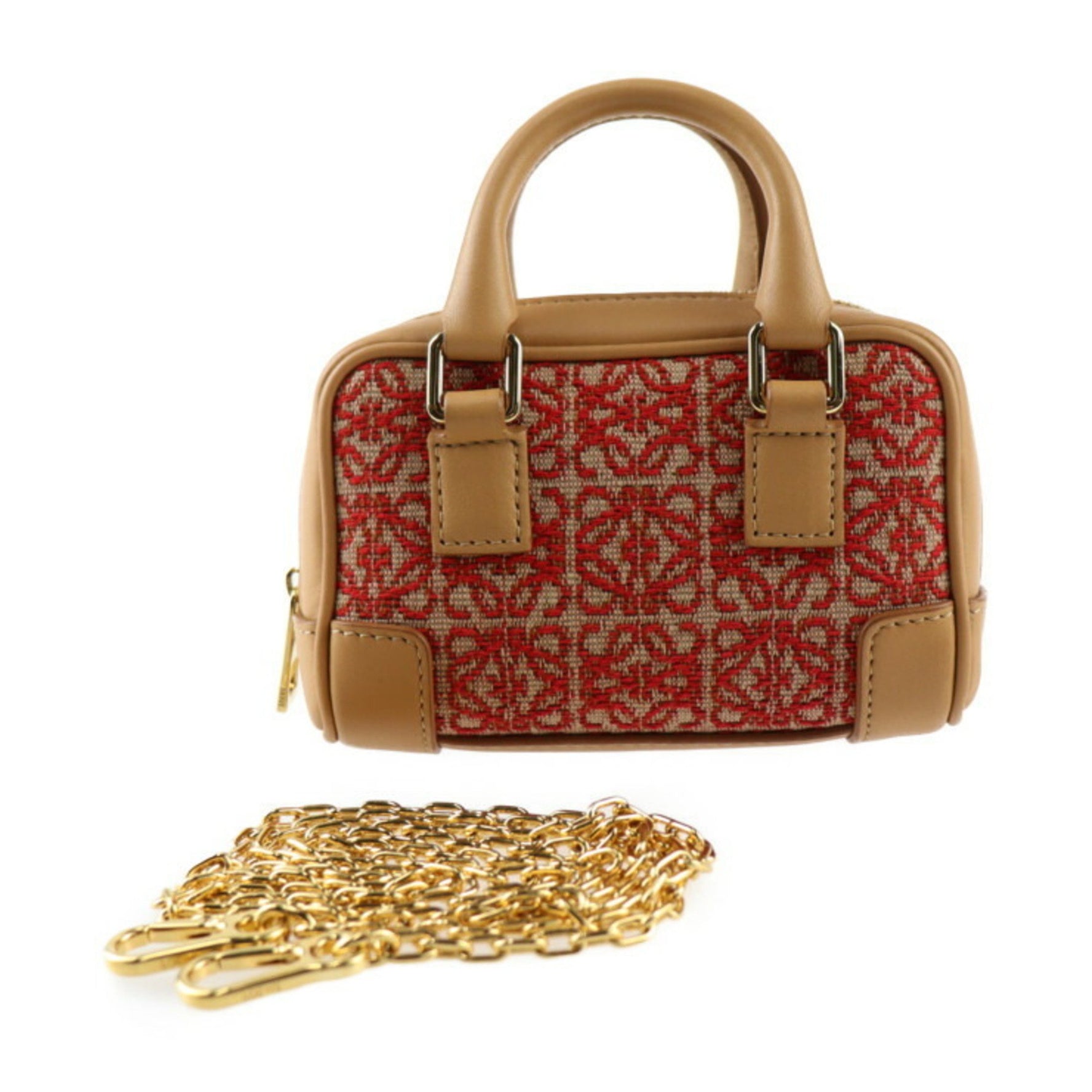 LOEWE Amazona Nano Handbag Canvas Calf Leather Red Light Brown Chain Shoulder Bag Pochette Pouch