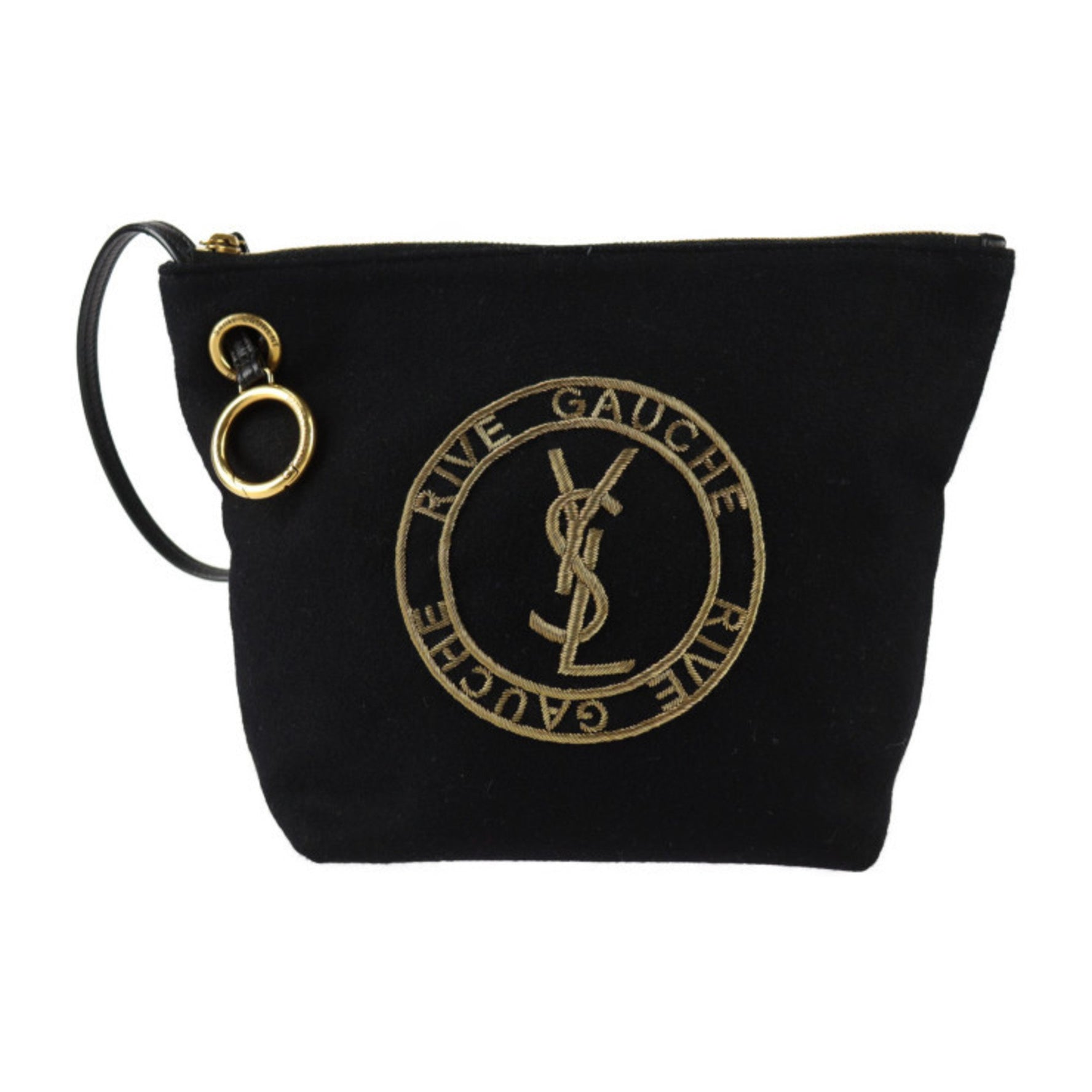Saint Laurent Yves PARIS Paris Embroidered Pouch Rive Gauche Second Bag Wool Calfskin Leather Brass Black Gold YSL Clutch Wristlet