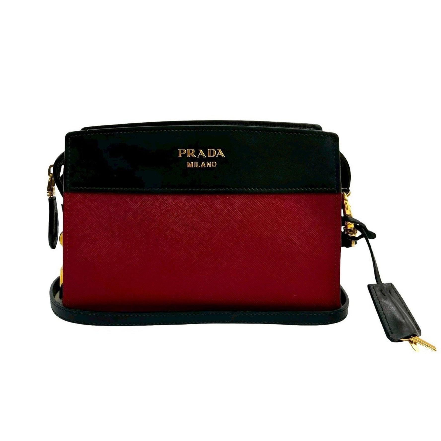 PRADA Esplanade Logo Hardware Saffiano Leather Mini Shoulder Bag Pochette Black Red 921-5