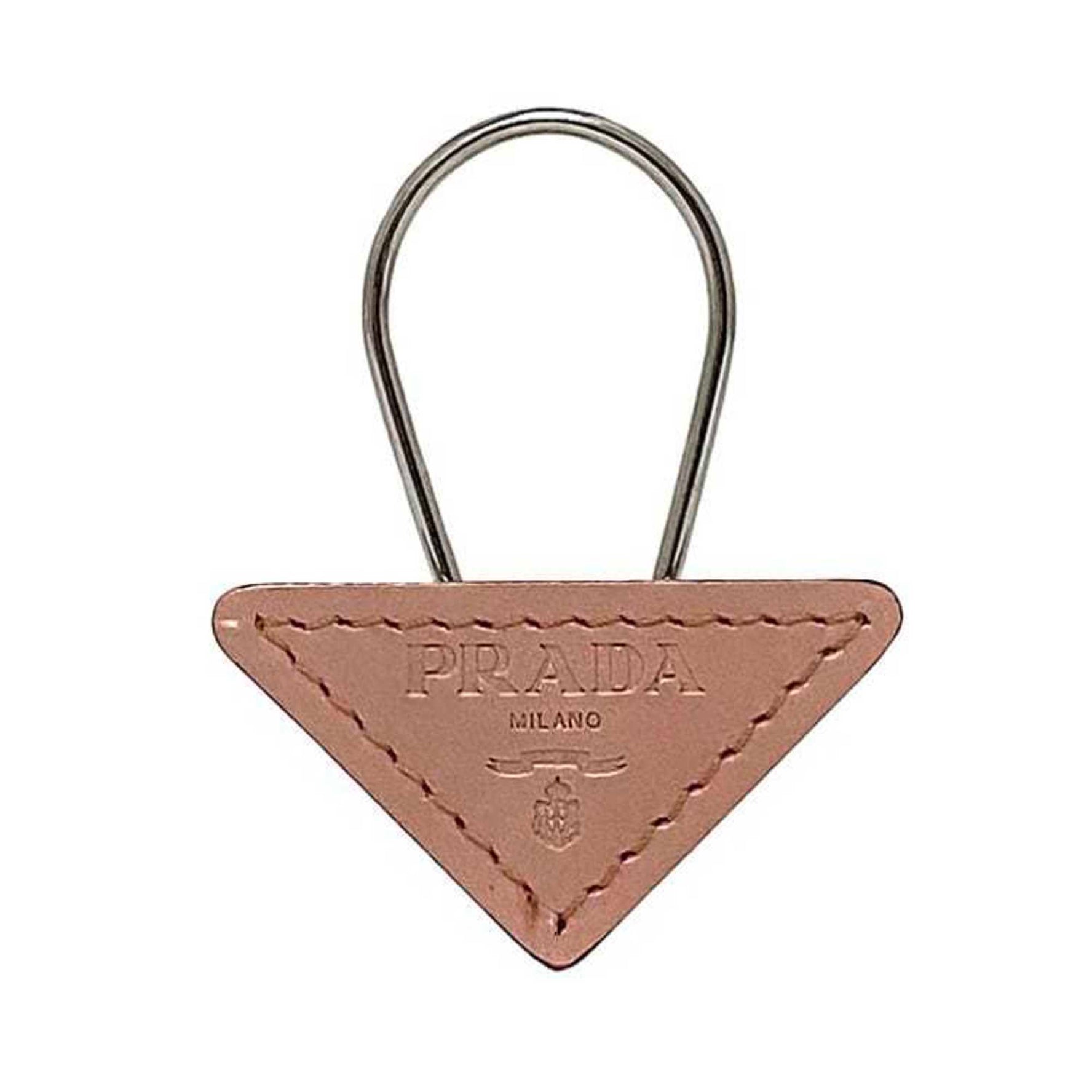 Prada Key Ring Pink Metal Leather Triangle Holder Charm Plate Women Men Unisex