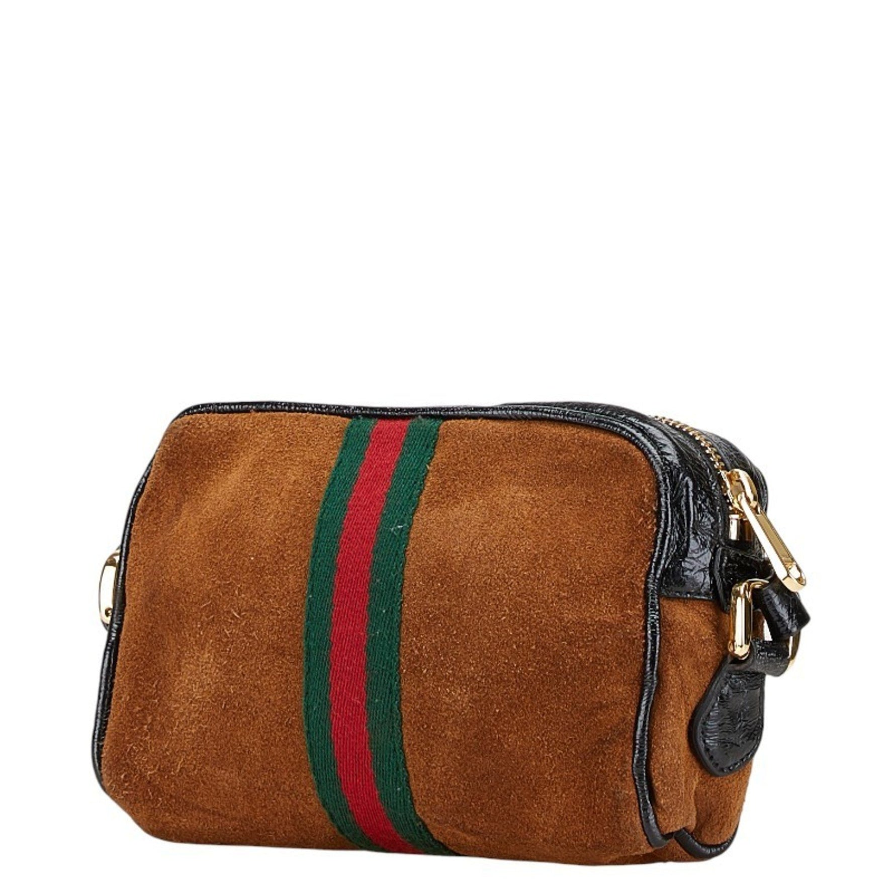 Gucci Shelly Ophidia Shoulder Bag Brown Black Suede Enamel