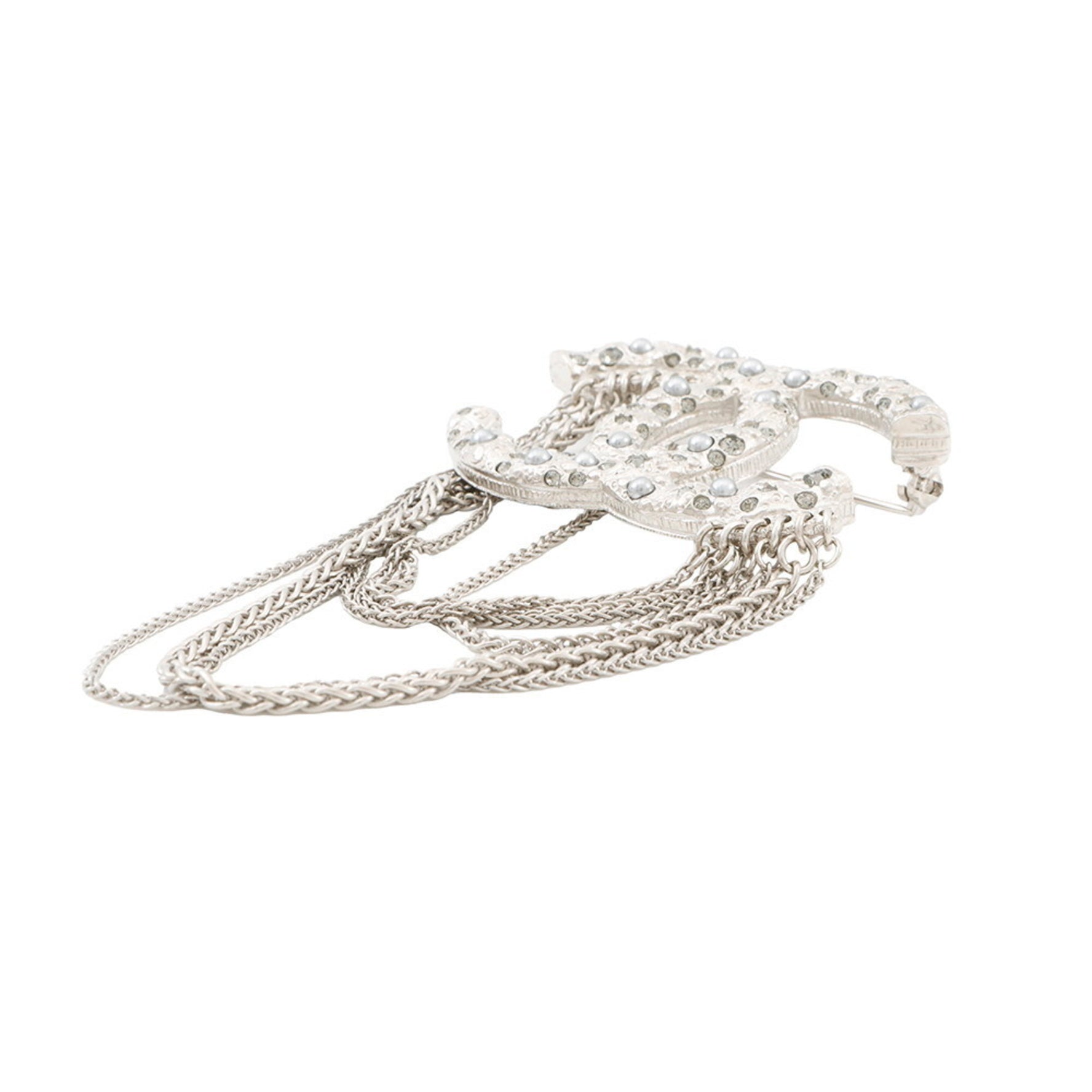 CHANEL Coco Mark Brooch with Chain, Faux Pearl and Rhinestones