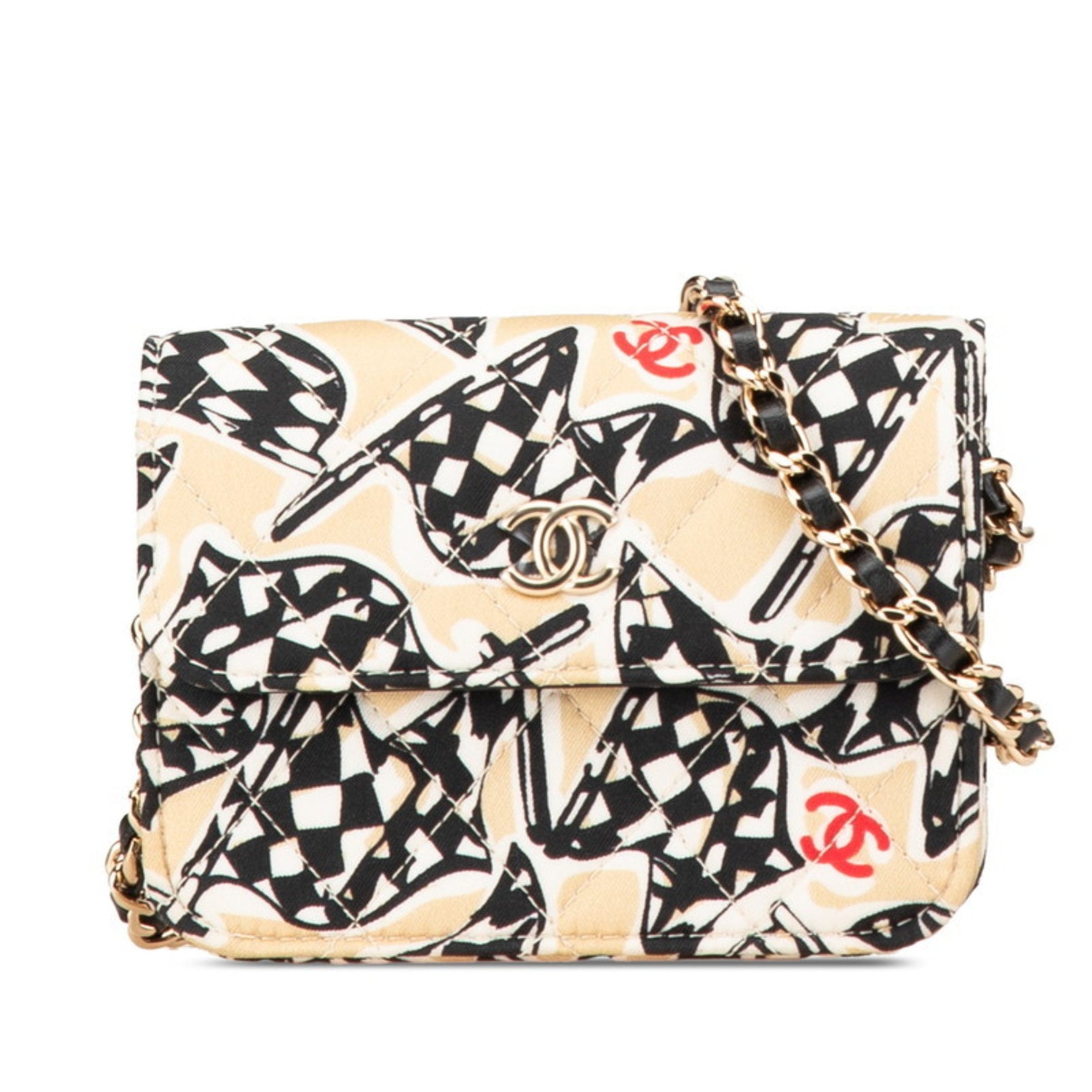 Chanel Matelasse Coco Mark Checkered Flag Motif Mini Chain Shoulder Bag Beige Black Canvas Leather