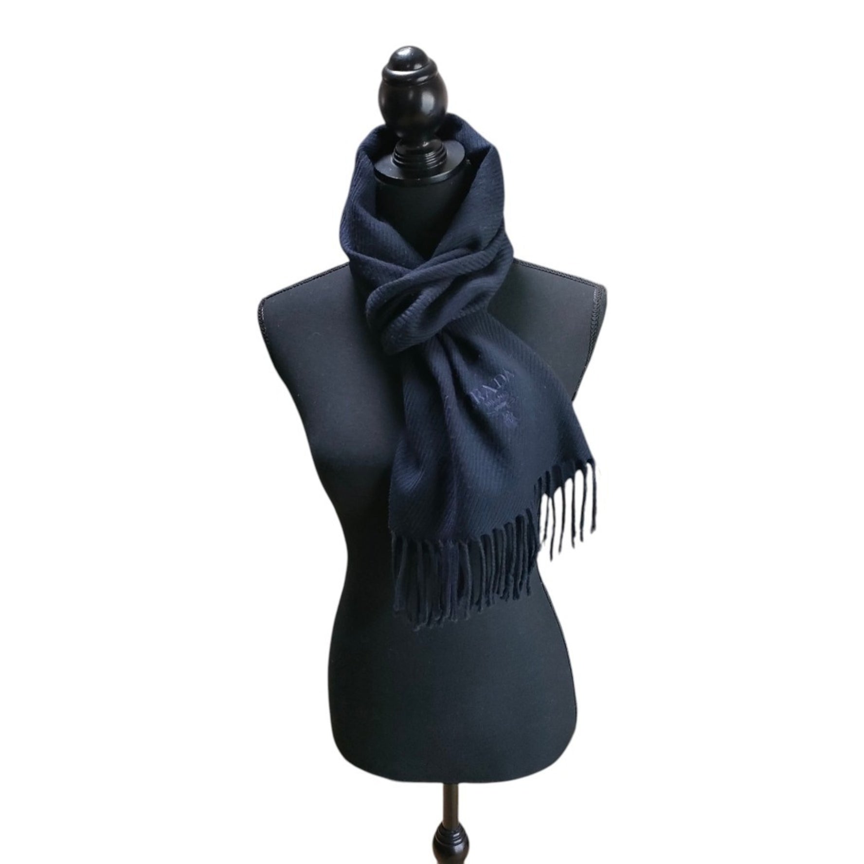 PRADA Prada Wool Logo Embroidered Fringe Scarf, Navy, Women's