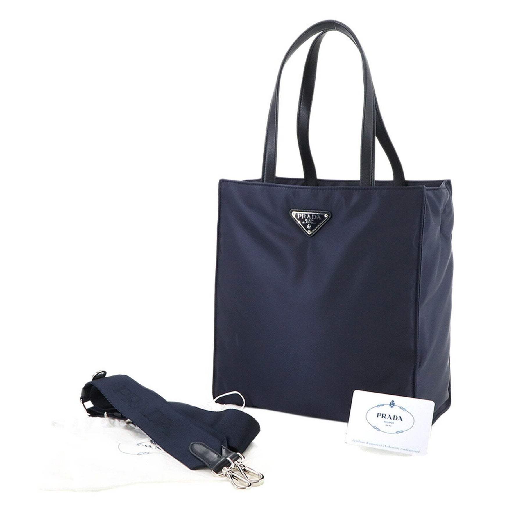 Prada 2-way Tote Shoulder Bag, Nylon and Leather, Navy Blue with Silver Hardware, 1BG426