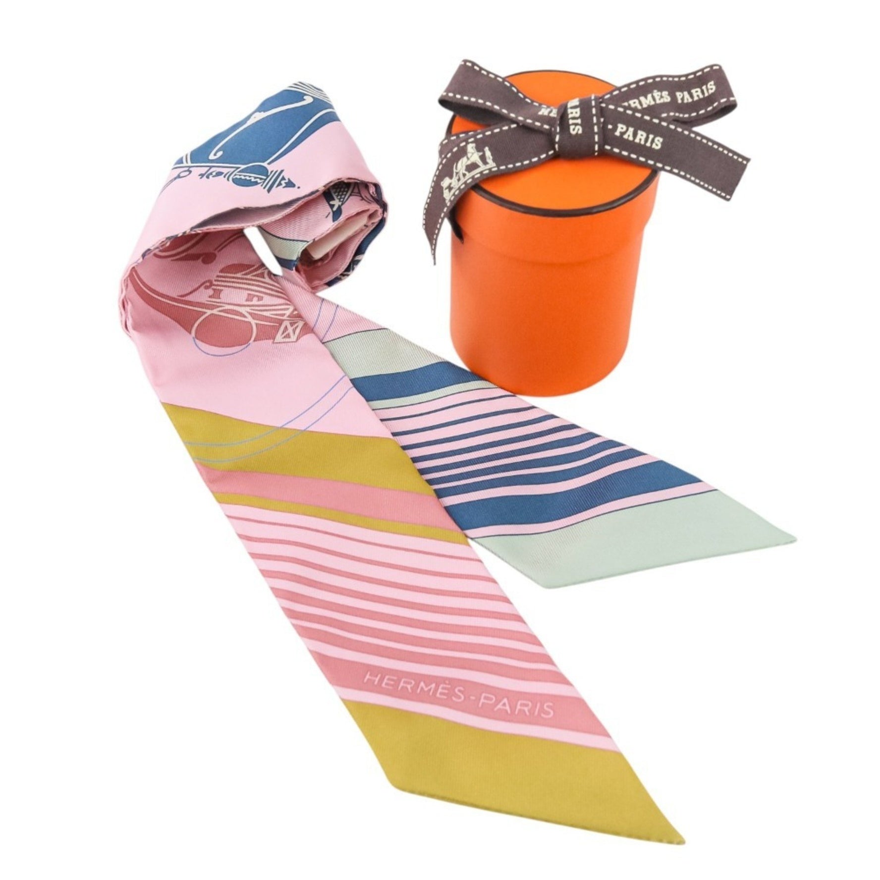 HERMES Twilly Ex-Libris Silk Scarf/Muffler in Rose Pale Ocher Vert