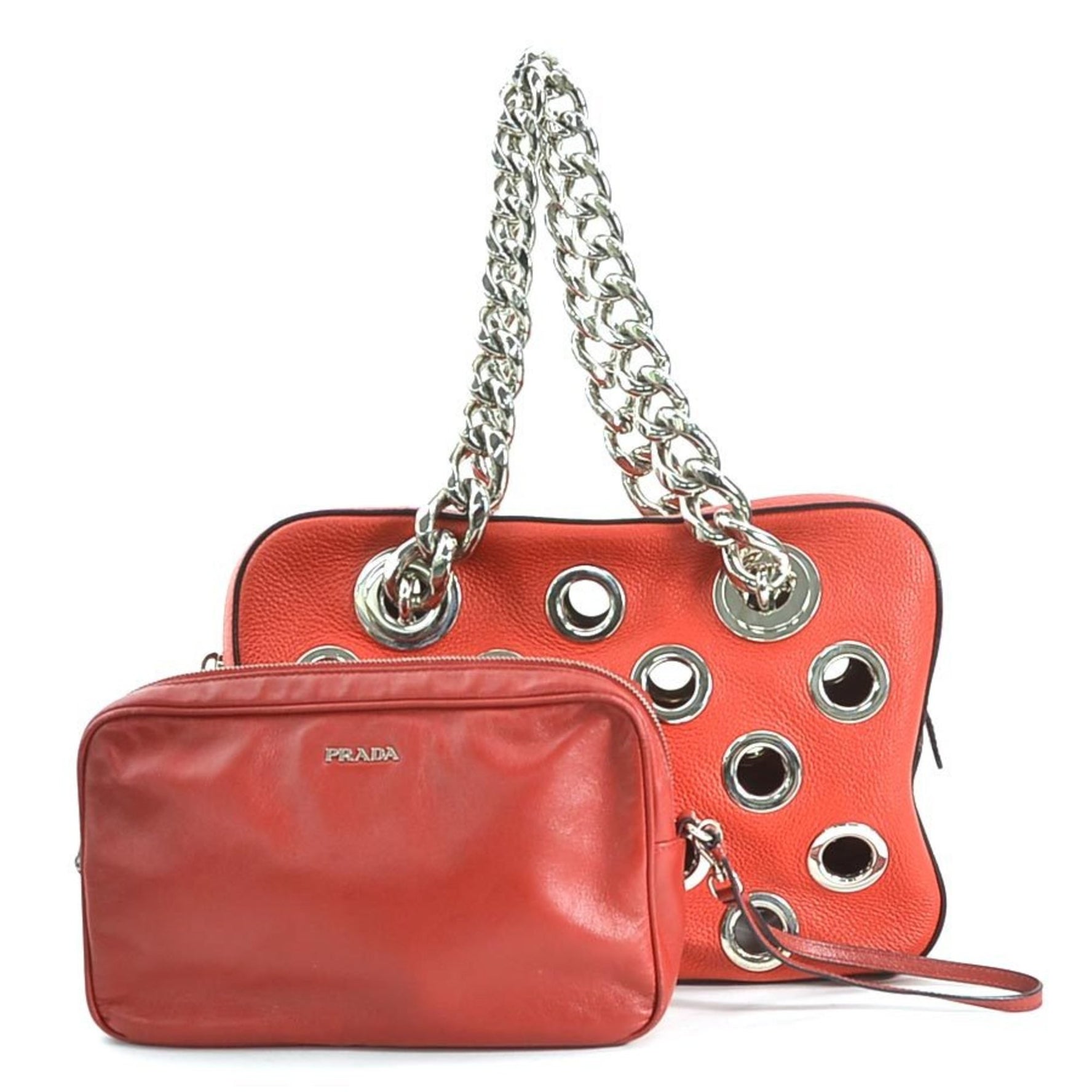 PRADA handbag leather metal red silver