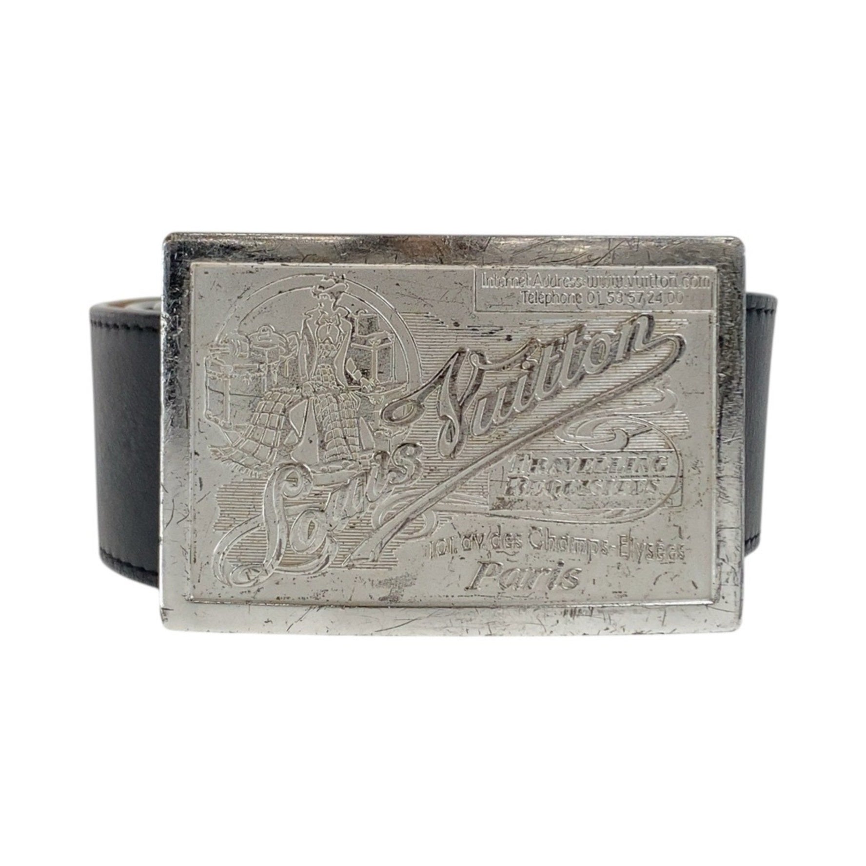 LOUIS VUITTON Santur Jeans Belt, (44 inches), Black Leather with Silver Hardware