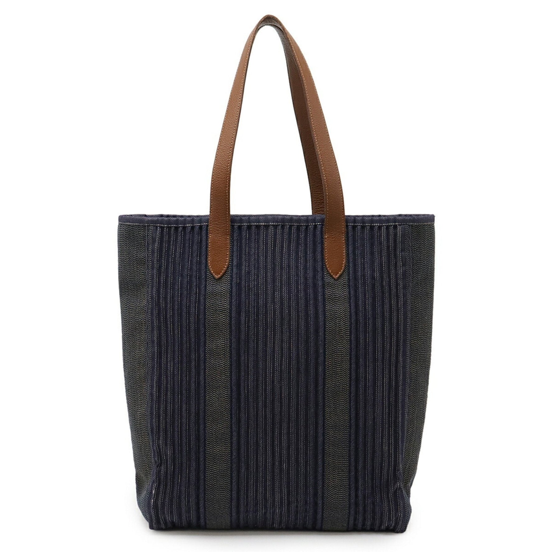 HERMES Calicut Tote/Shoulder Bag, Pleated Denim and Leather, Navy Blue, Brown, □L Stamped