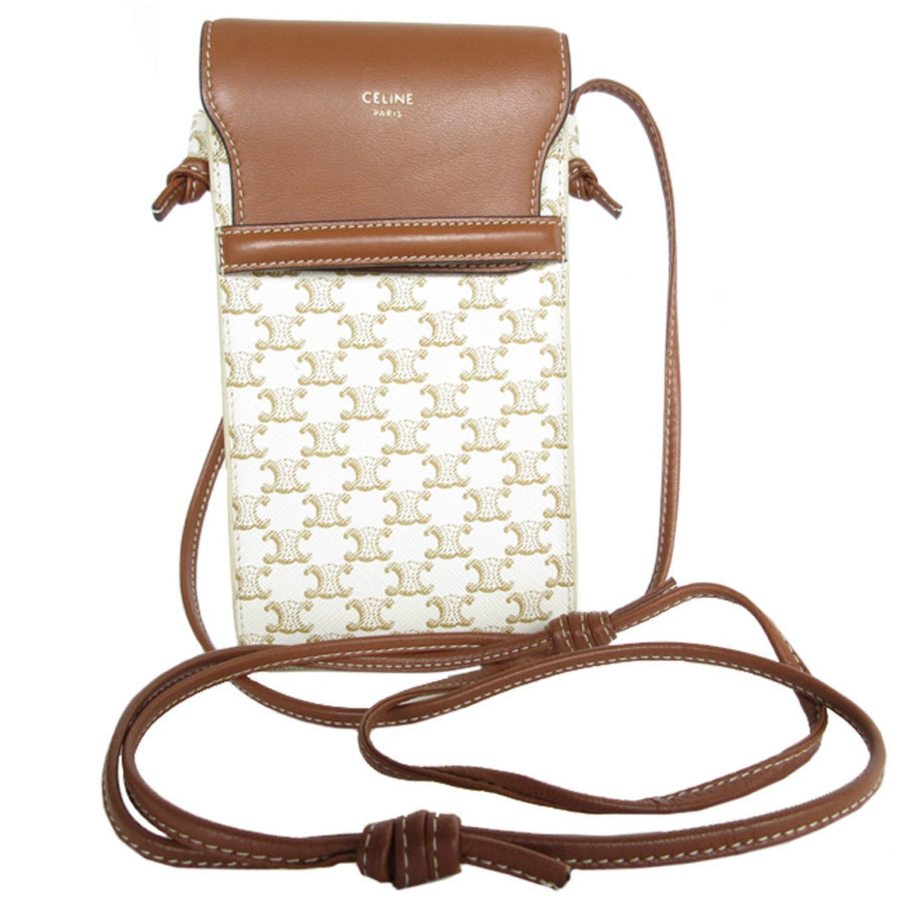 CELINE Smartphone Case Shoulder Pouch Leather Off-White Brown