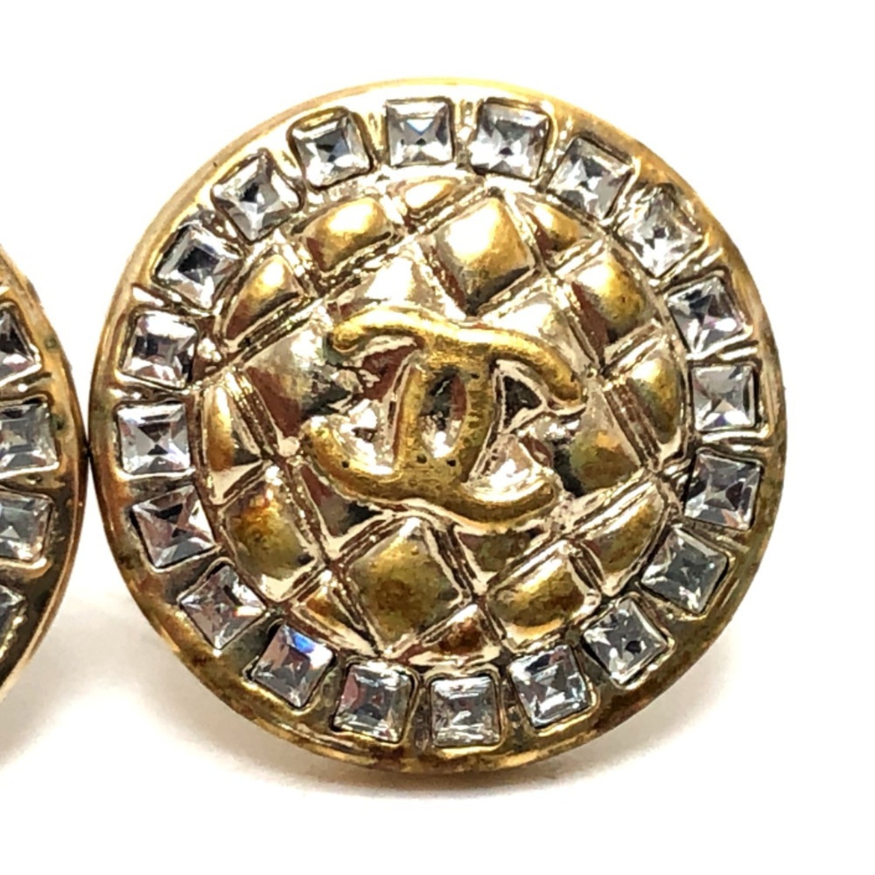CHANEL Coco Mark Matelasse Rhinestone Earrings, Accessory, Metal