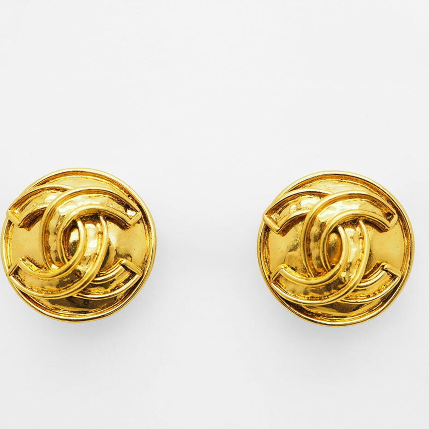 CHANEL Vintage Round Coco Earrings Gold Border Logo