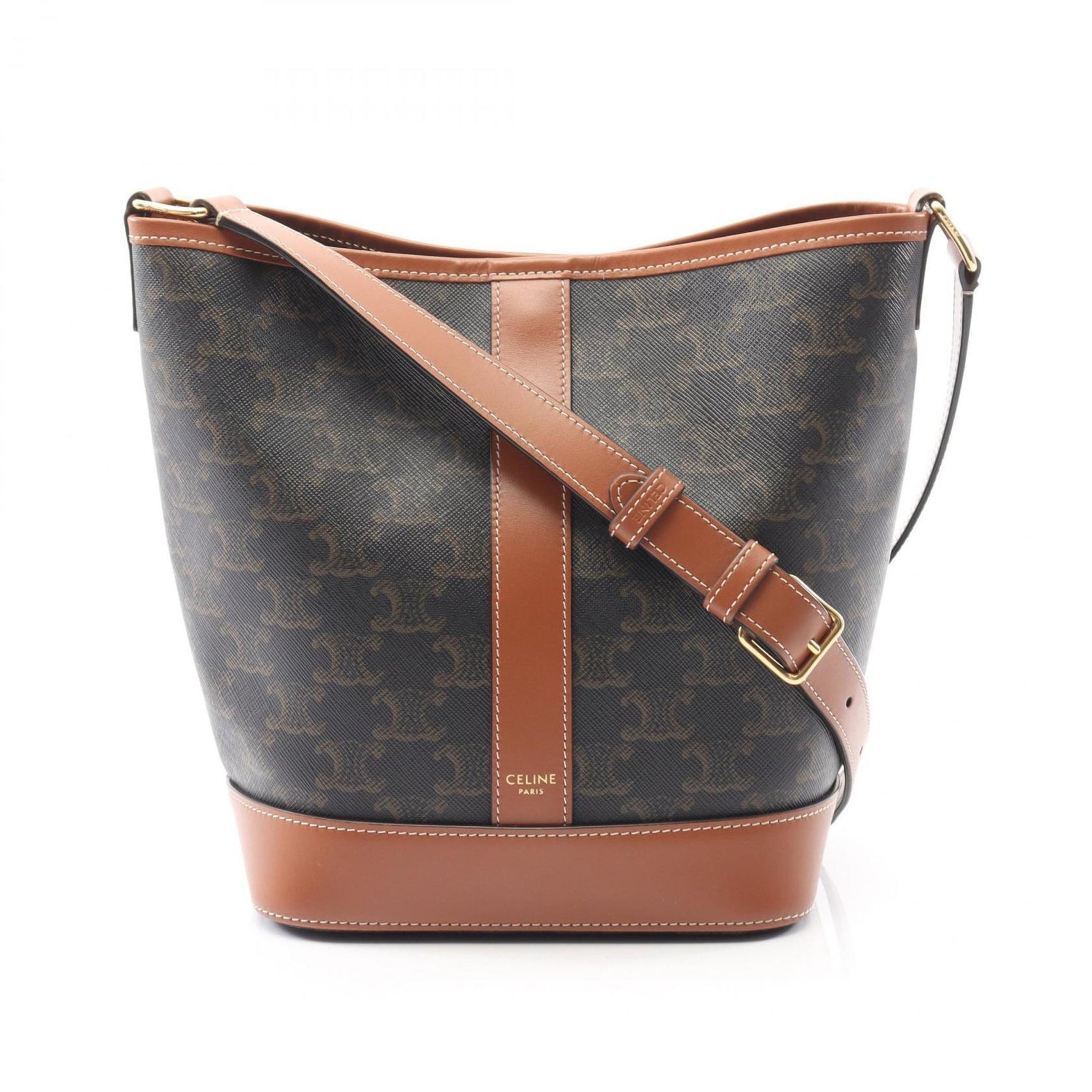 Celine Small Bucket Triomphe Shoulder Bag in Coated Canvas and Leather, Black Brown