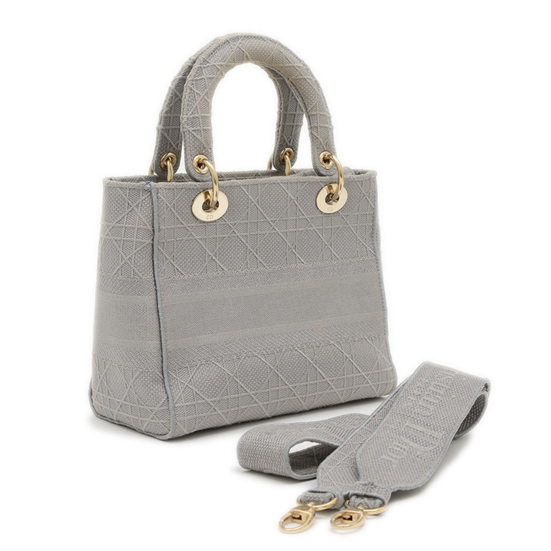 Christian Dior Dior Lady D-LITE Medium Bag Handbag Canvas Grey Gold Hardware BP