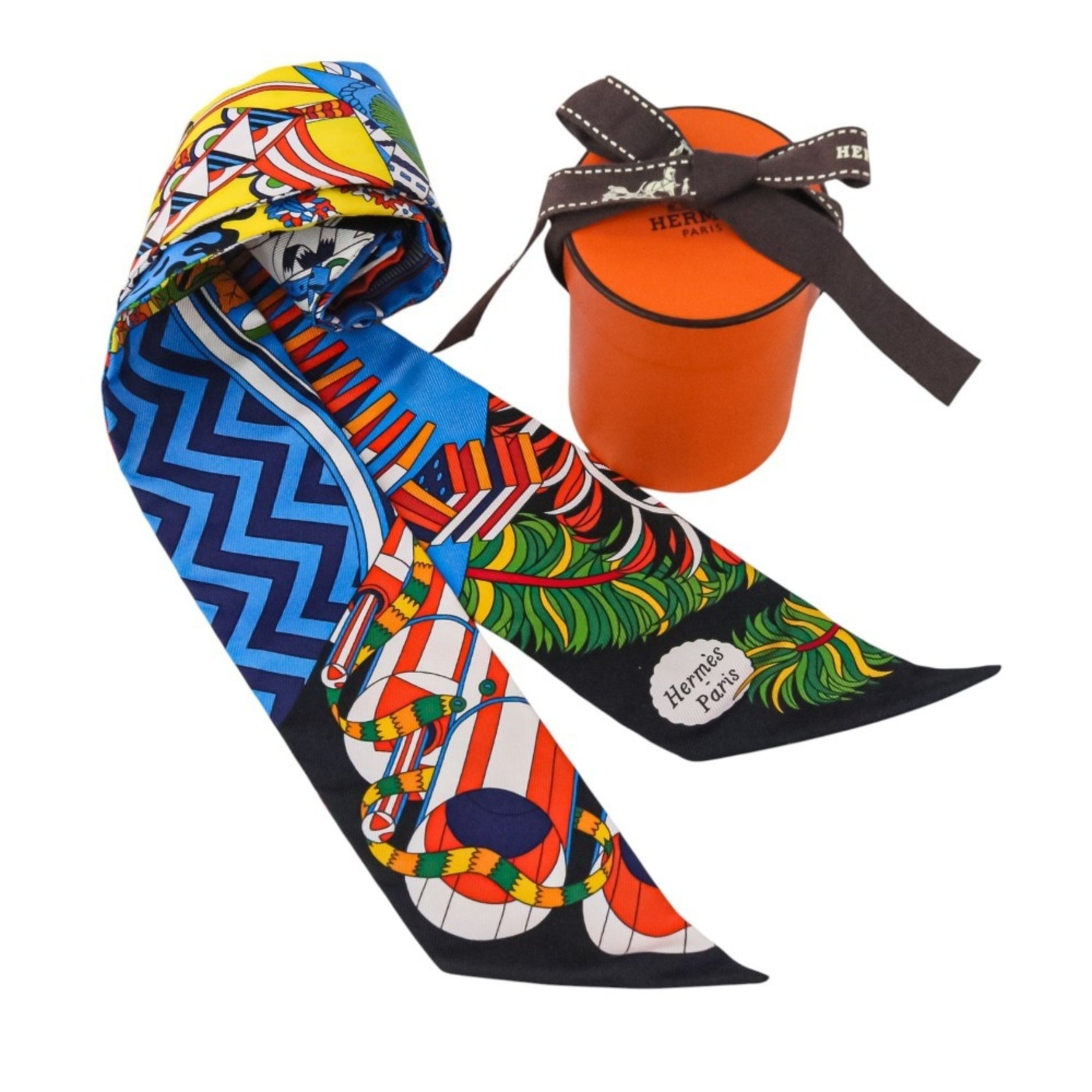 HERMES Twilly "Duel with the Cane Umbrella" Silk Scarf/Muffler in Blue Jaune