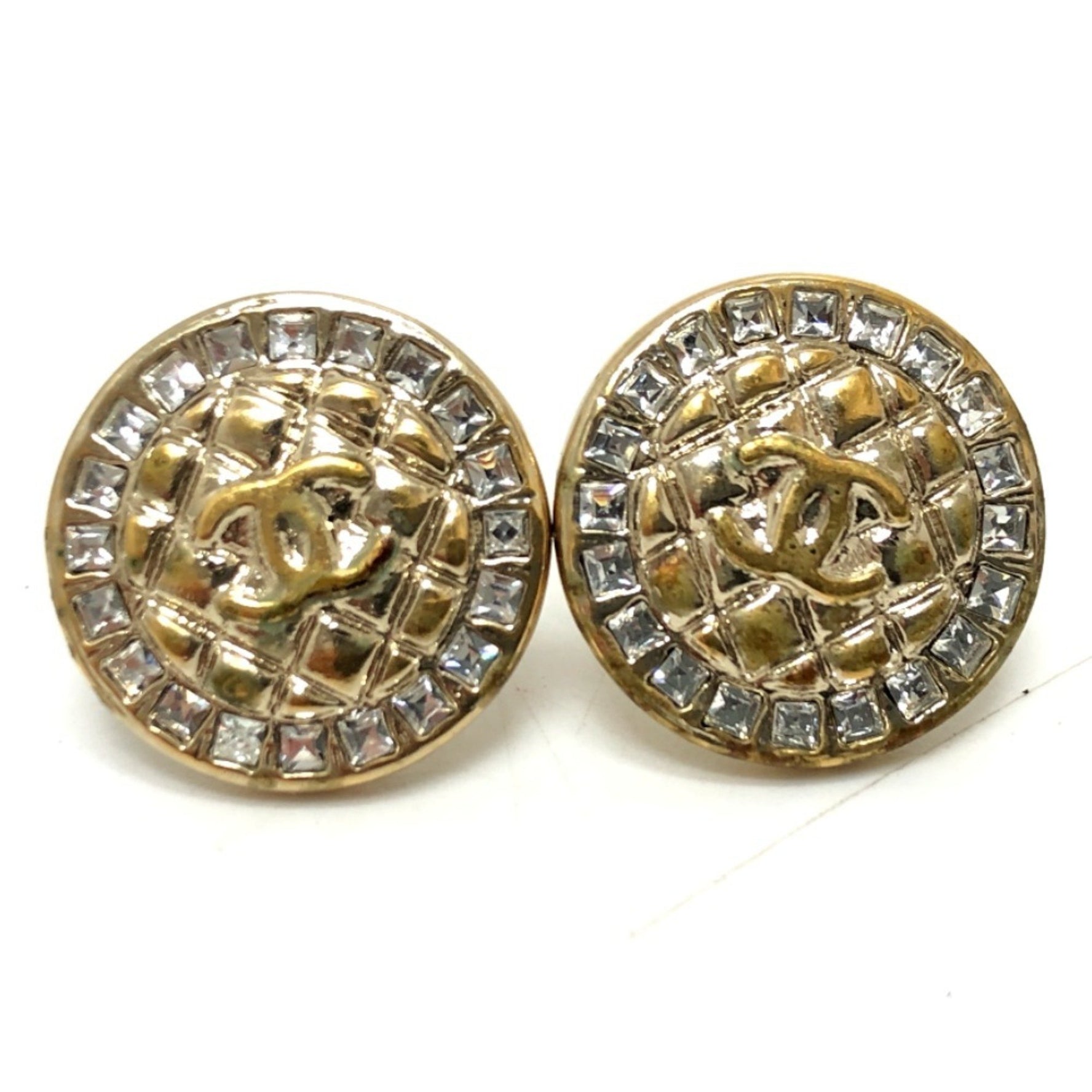 CHANEL Coco Mark Matelasse Rhinestone Earrings, Accessory, Metal
