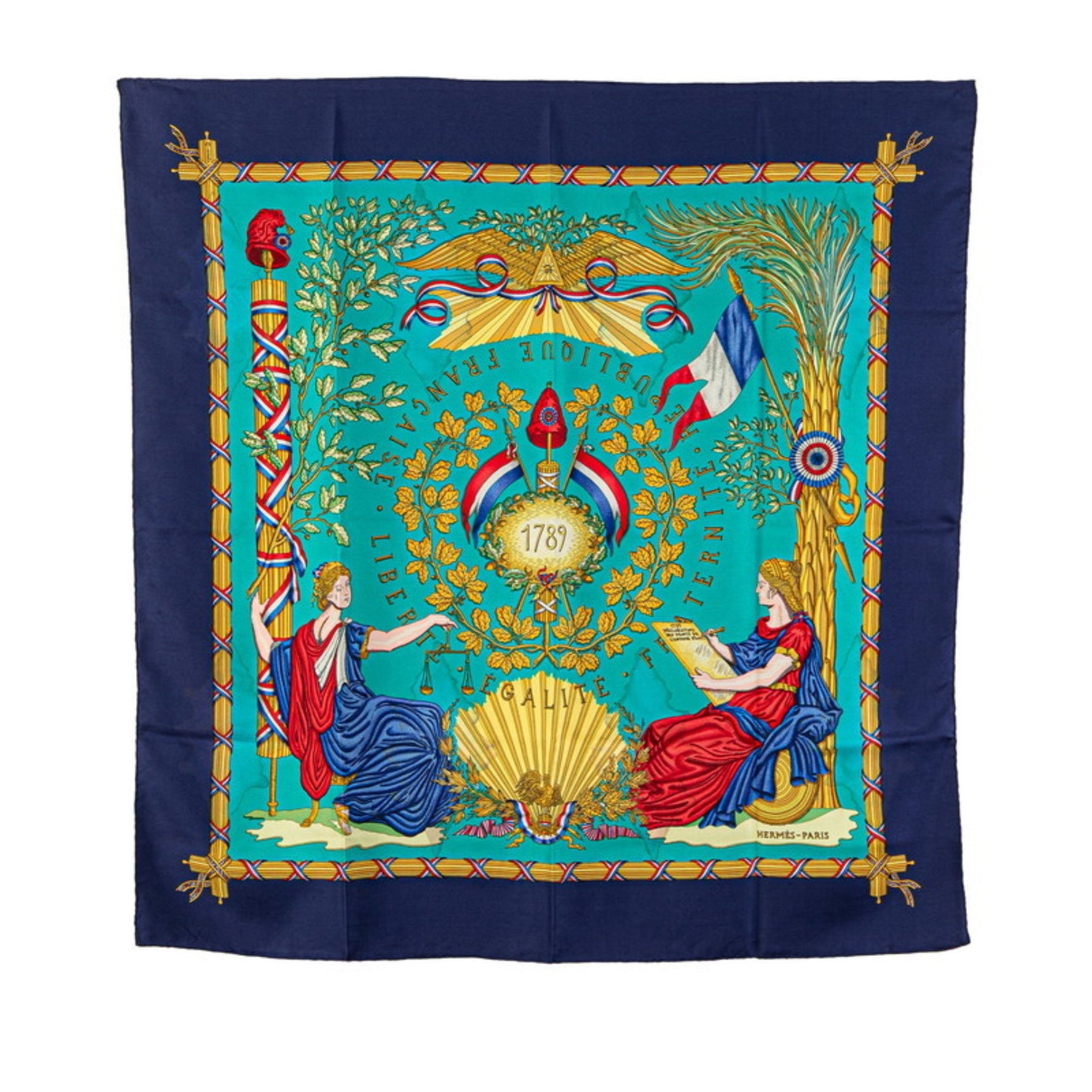 Hermès Carré 90 1789 LIBERTE EGALITE FRATERNITE REPUBLIQUE FRANCAISE Scarf Commemorating the French Revolution, Navy Blue Multicolor Silk, HERMES