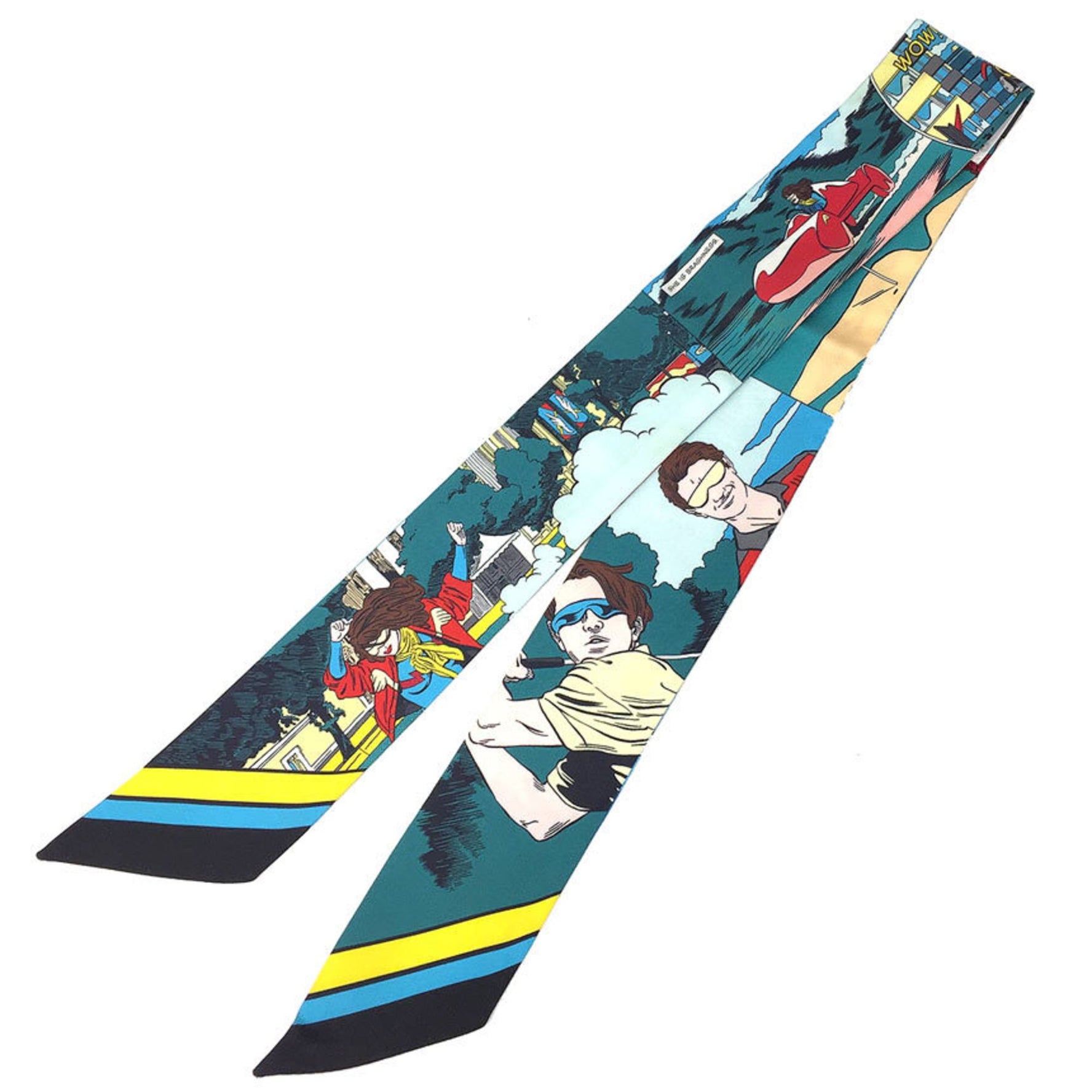 HERMES Twilly Scarf WOW 2021 American Comic Style Ribbon Tie Manga Azure 100% Silk