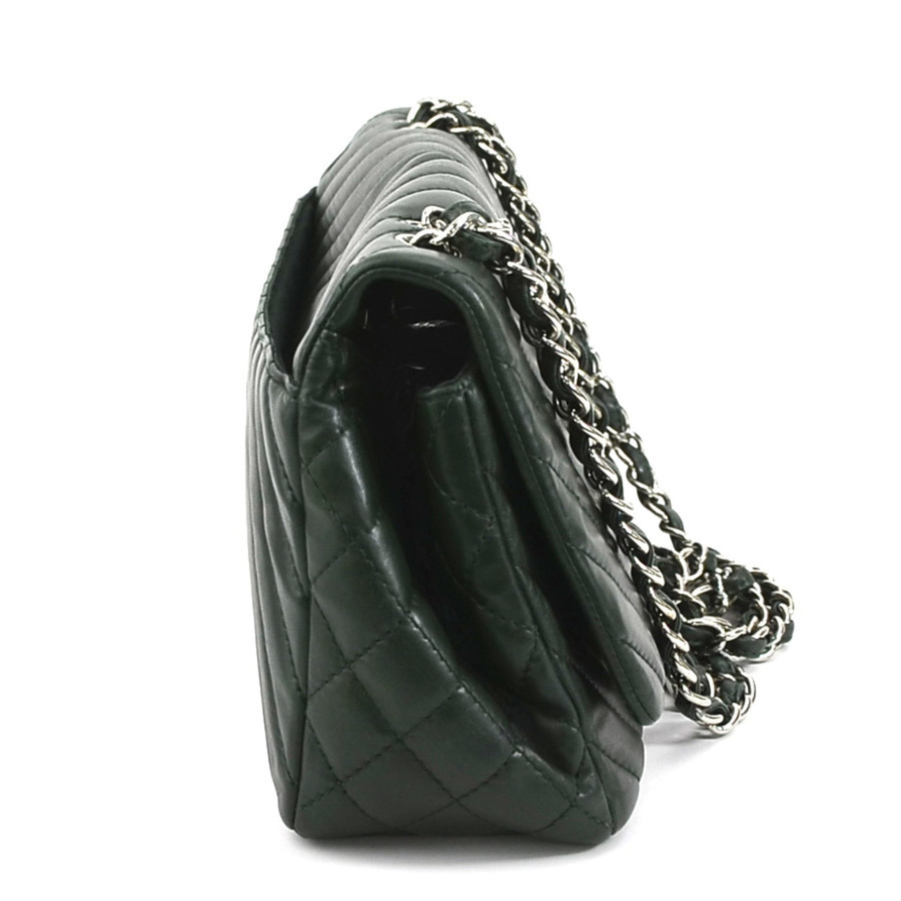 CHANEL Shoulder Bag V Stitch x Matelasse Leather Dark Green Silver