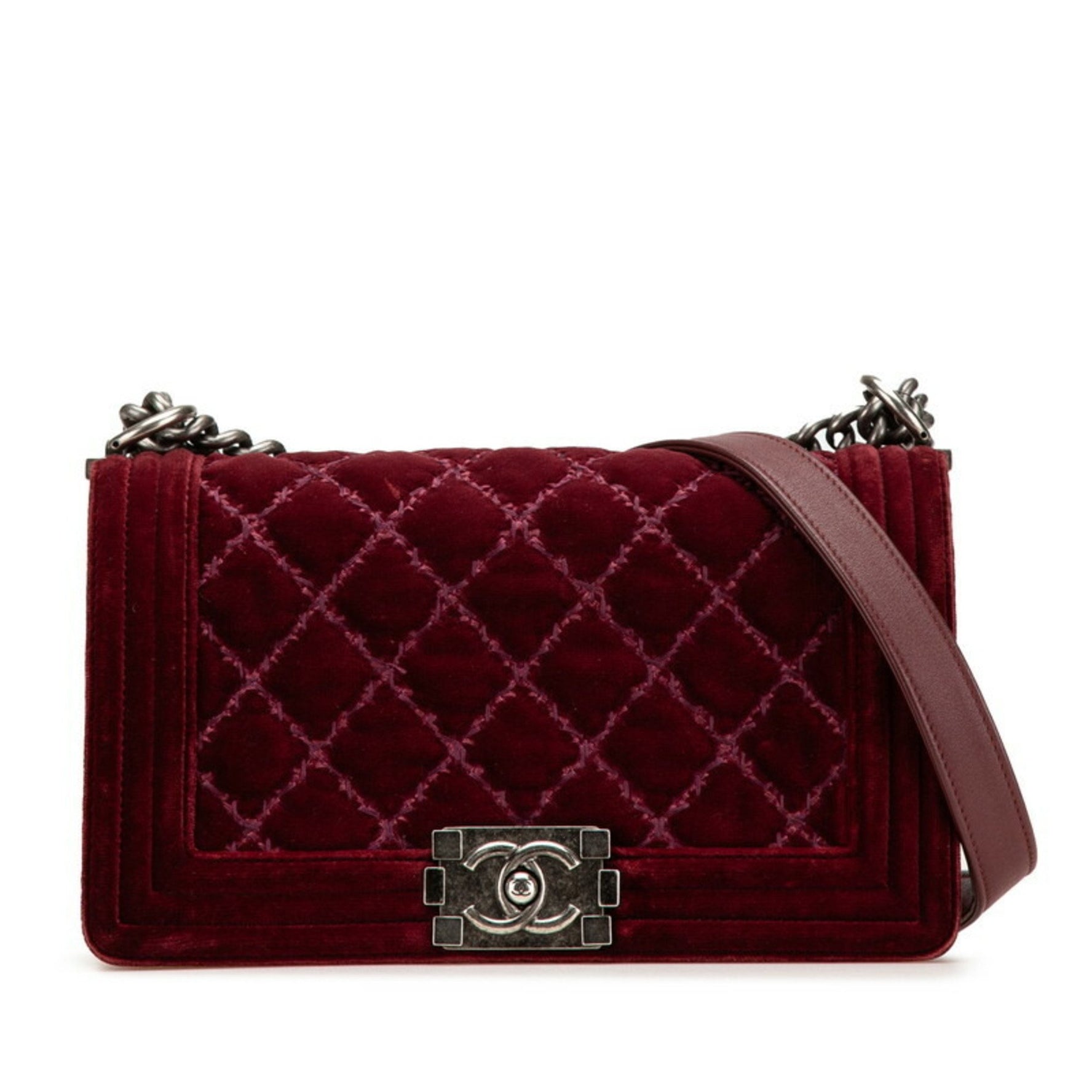 Chanel Boy 25 Coco Mark Chain Shoulder Bag Red Velour