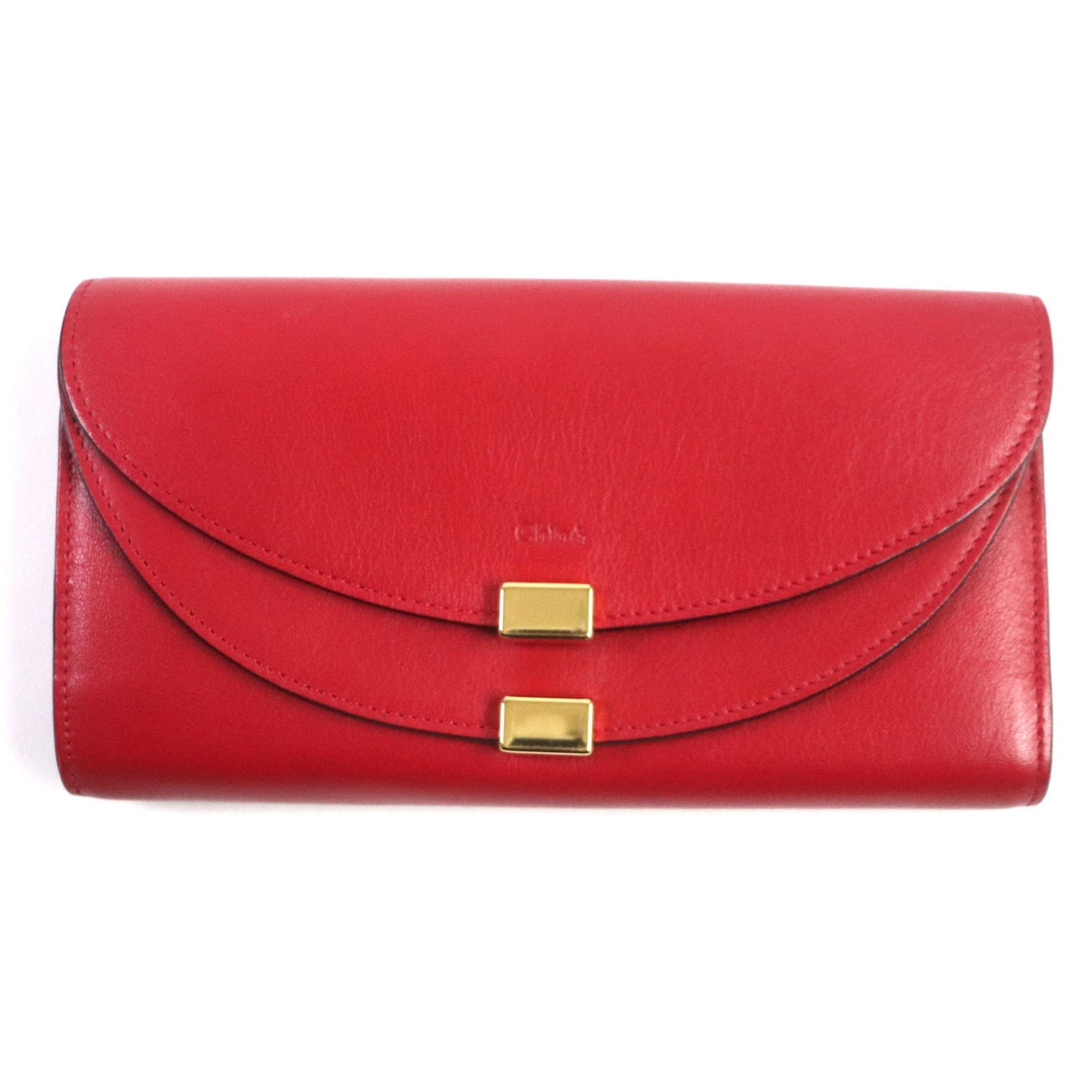 Chloé Chloe GEORGIA Leather Double-Flap Bi-Fold Long Wallet in Red with Gold Hardware, Box and Dust Bag Included, Made Spain