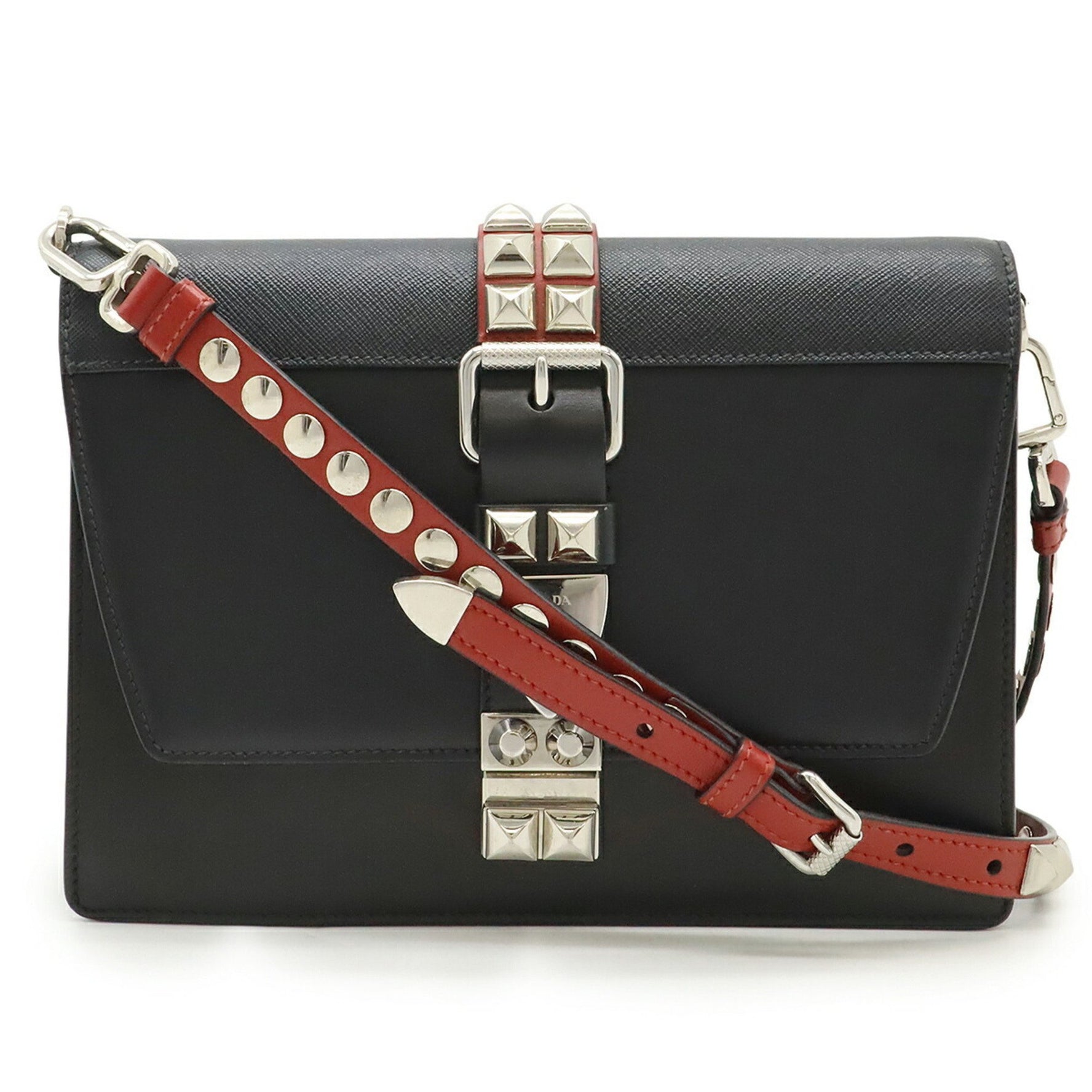 PRADA Electra Studded Shoulder Bag/Pochette/Clutch Bag in Leather (NERO, Black/Red)