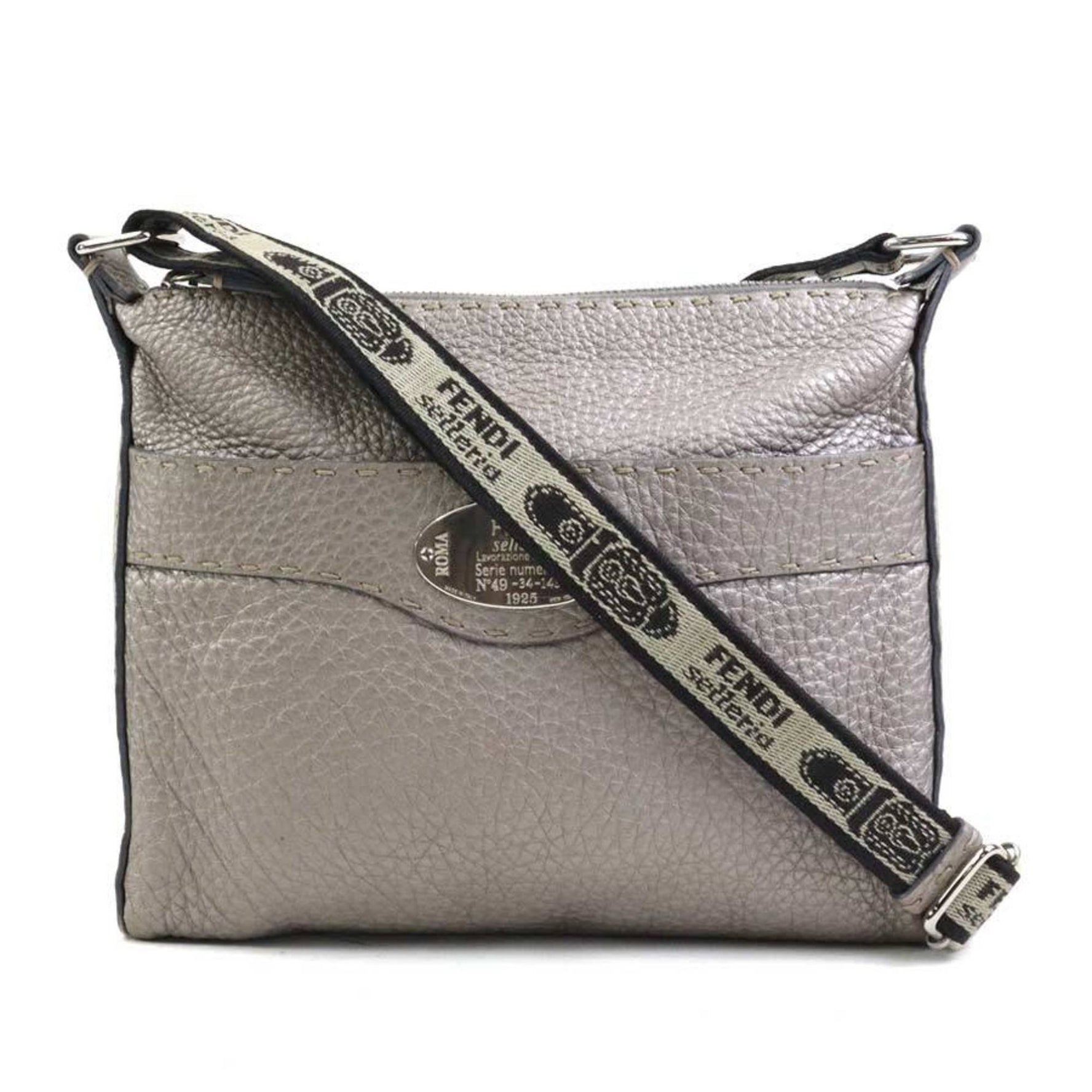 Fendi Selleria Shoulder Bag in Leather, Canvas, Metallic Gray, and Silver