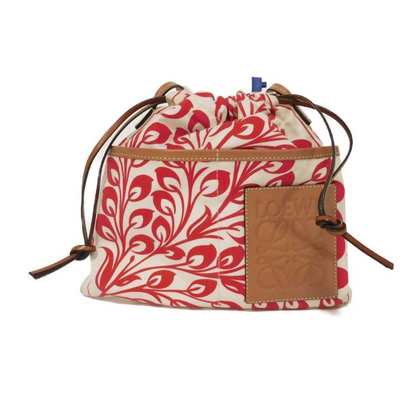 LOEWE Shoulder Bag Drawstring Pochette Anagram Bird Frog Red William de Morgan Natural Men's