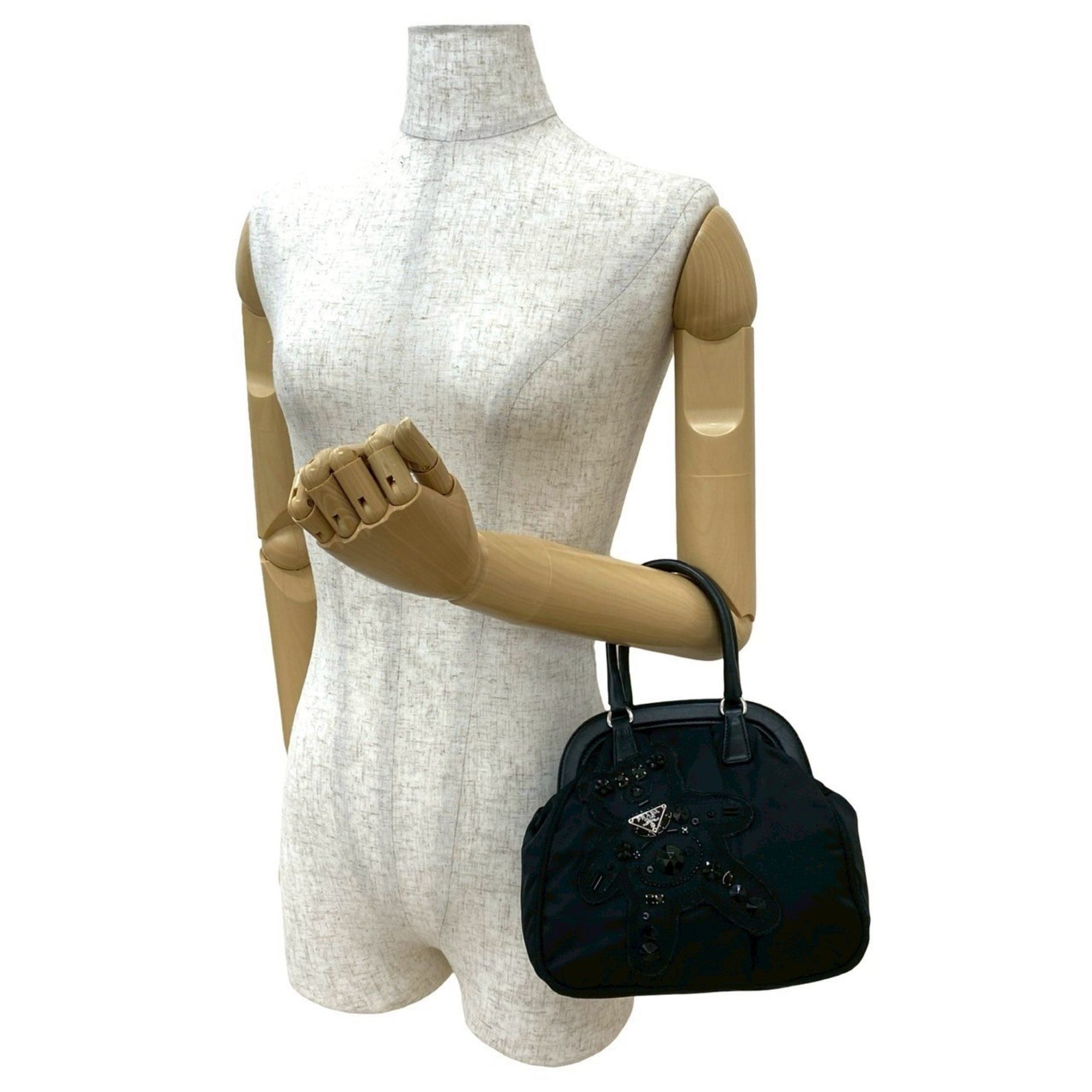 PRADA Evening Bear Triangle Logo Metal Jeweled Leather and Tessuto Nylon Mini Handbag