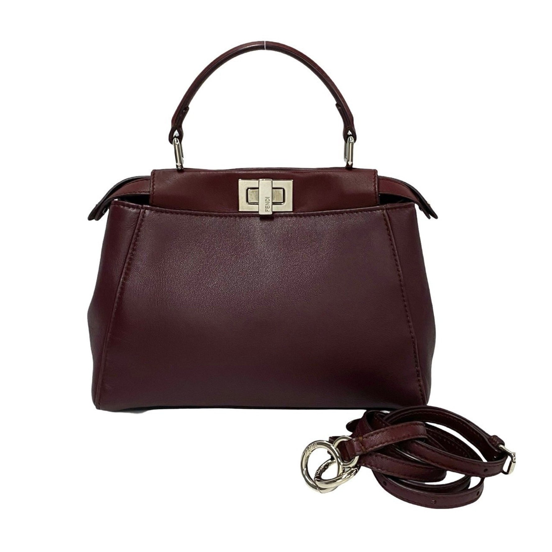 FENDI Peekaboo Mini Leather Turnlock Handbag/Shoulder Bag, Bordeaux
