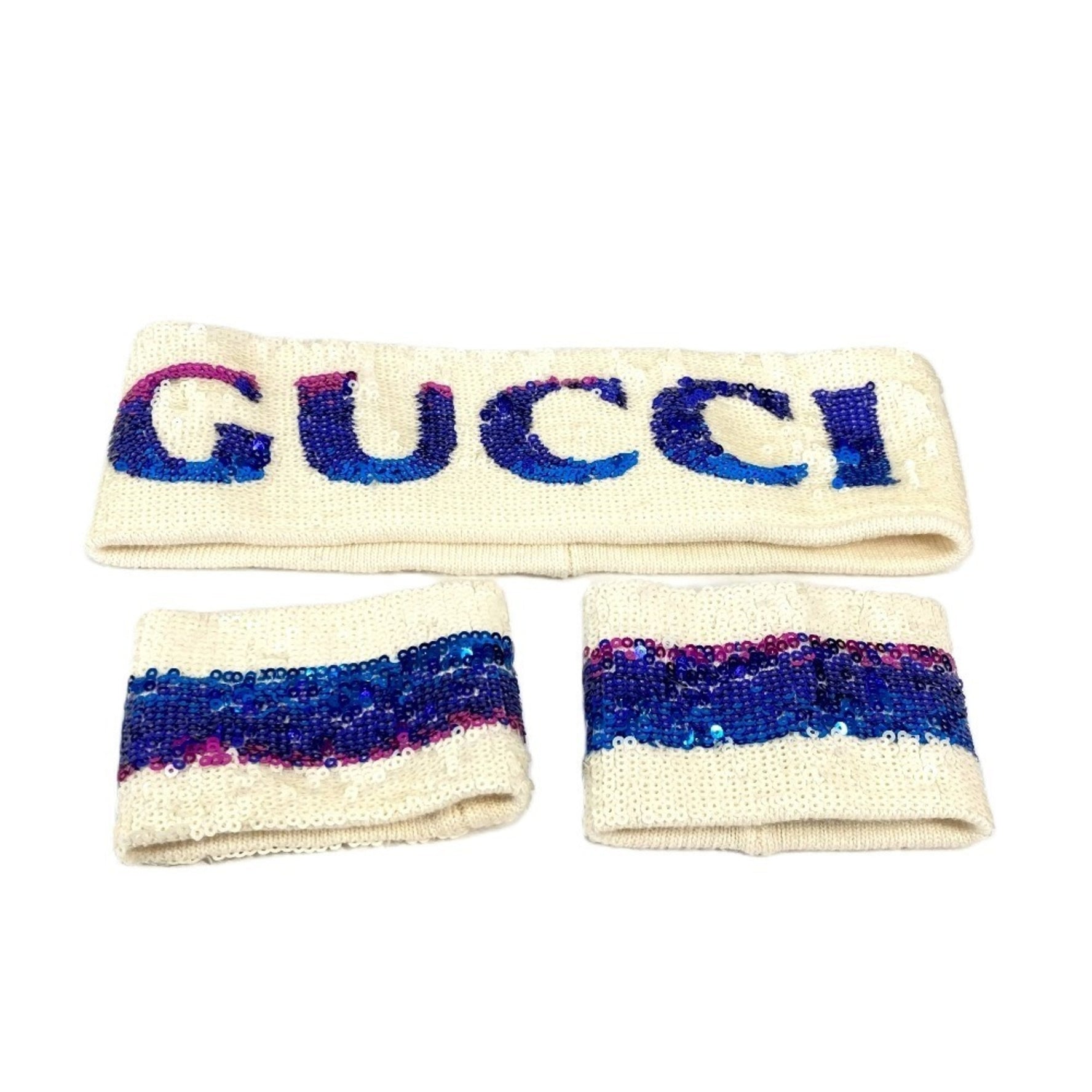 GUCCI Sequin Logo GG Headband & Wristband Set Accessories Hairband Polyester Cotton Men Women White Like New