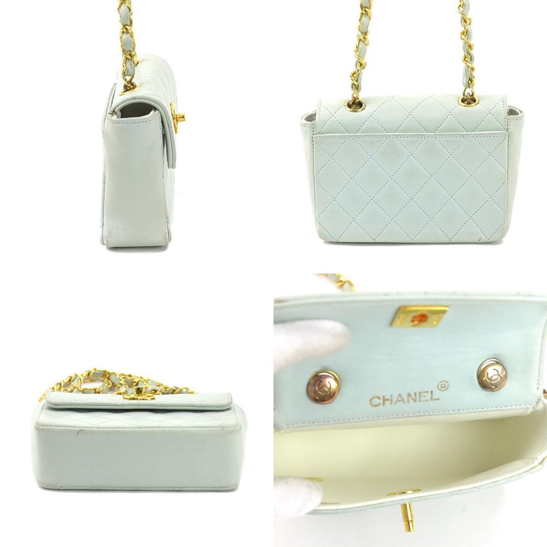 CHANEL Shoulder Bag Matelasse Leather Light Blue Gold