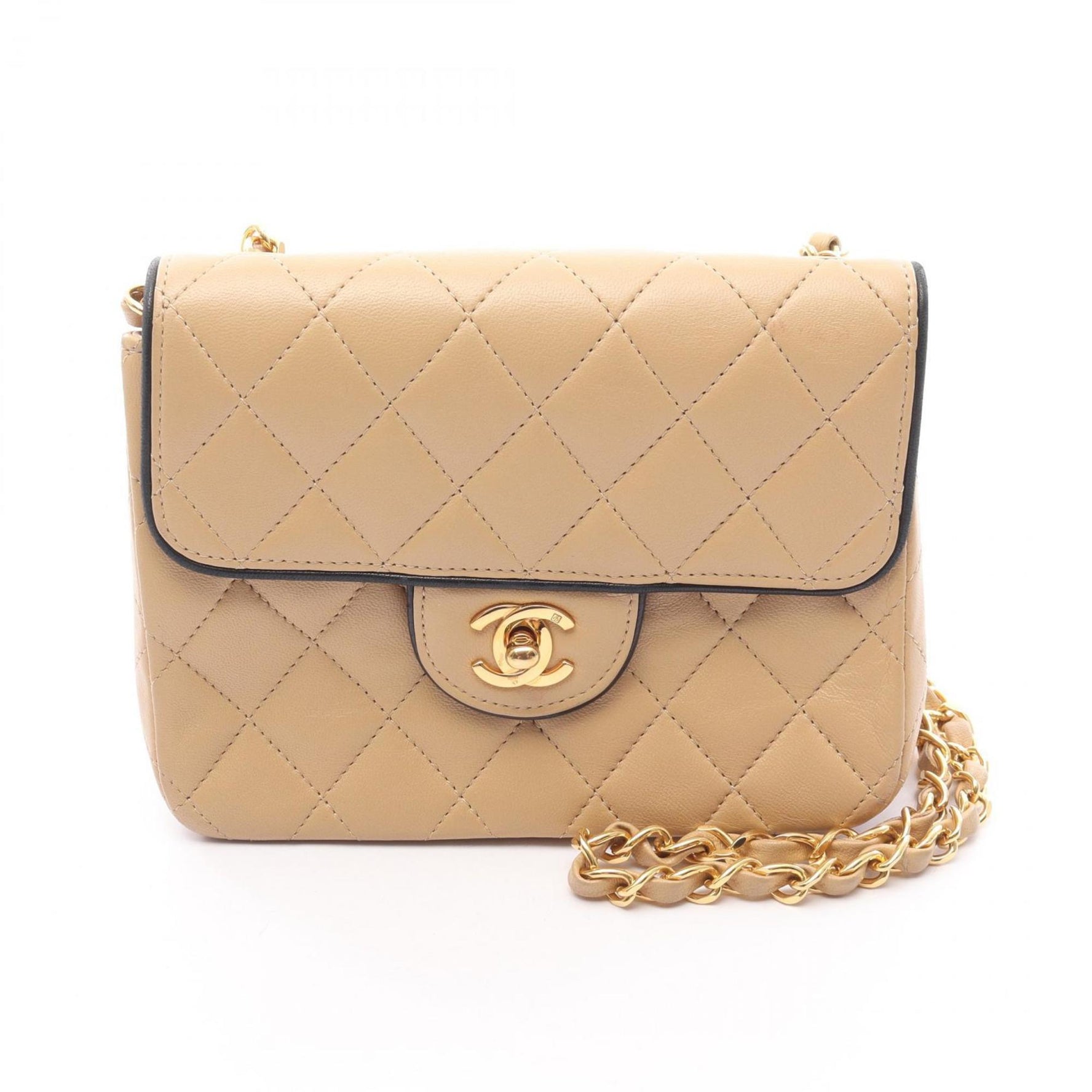 CHANEL Mini Matelasse Shoulder Bag, Lambskin Leather, Beige and Black