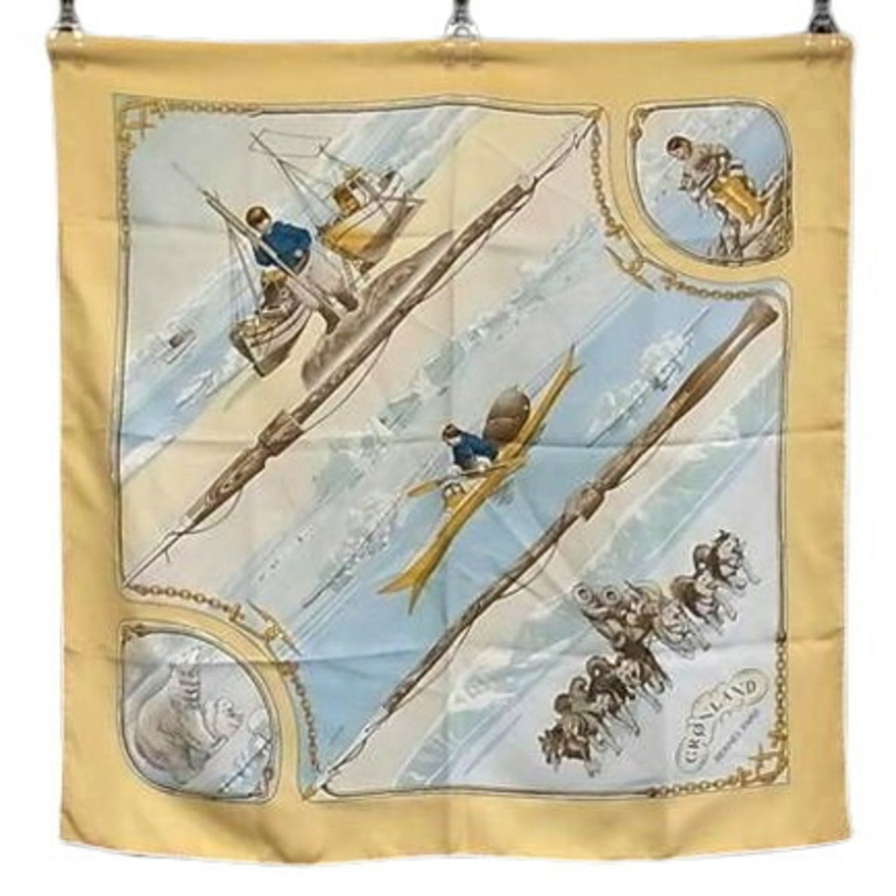 HERMES Carré 90 GRONLAND Greenland Eskimo Dog Sled Scarf - Beige Multicolor 100% Silk